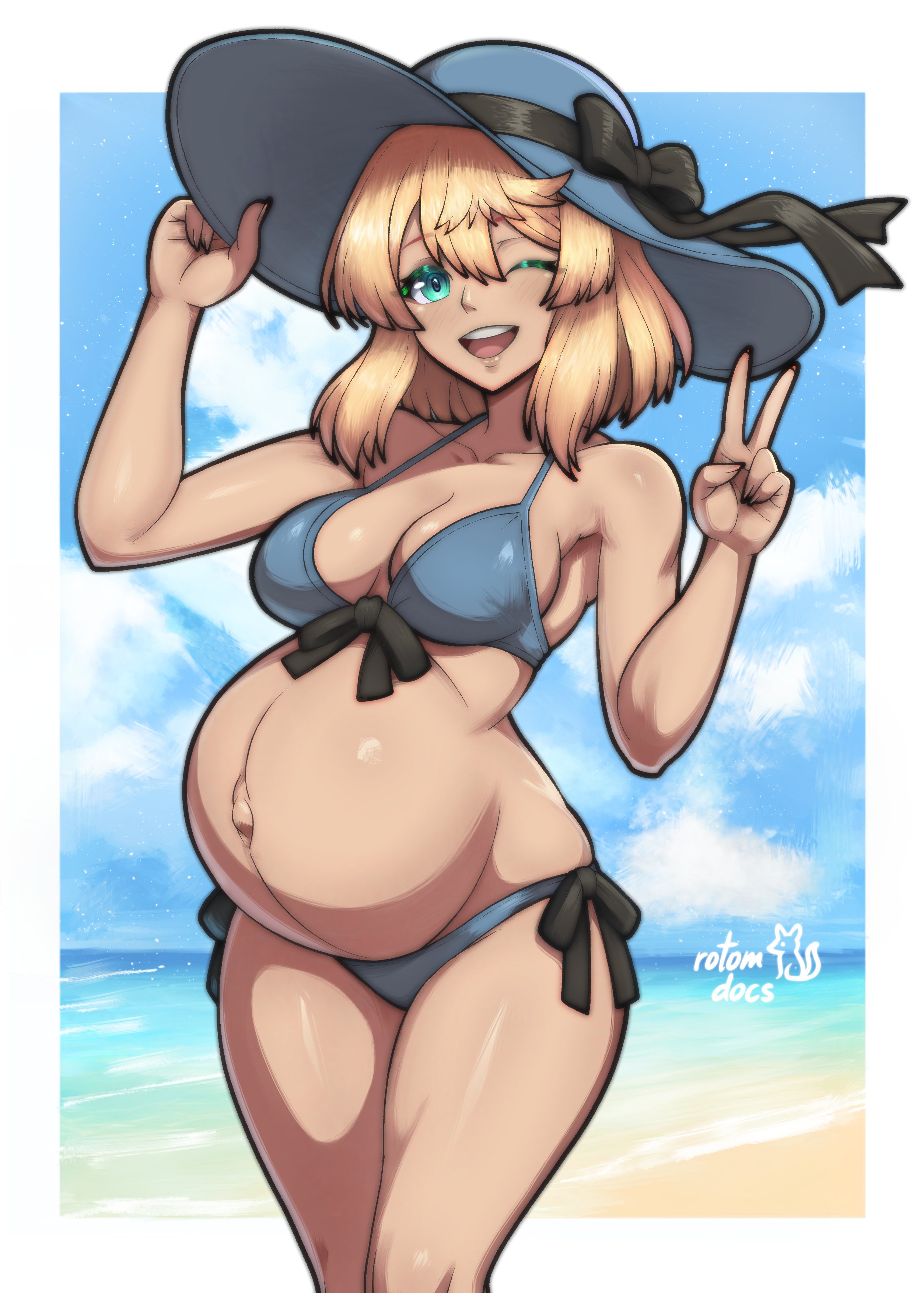 1girls, beach, bikini, blonde hair, blue eyes, bridget, bridget (guilty gear), female, female only, guilty gear, guilty gear strive, hat, light-skinned female, mouth open, peace sign, pregnant, rotomdocs, swimsuit, trans woman, transfem, winking at viewer