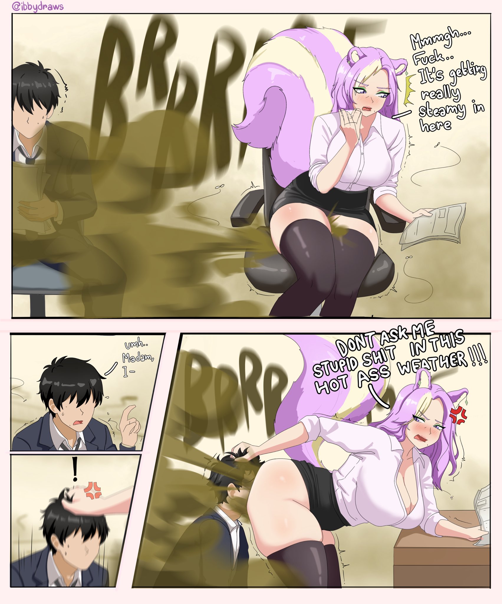 1boya, 1girls, anger vein, angry, animal ears, animal tail, annoyed, bend forward, bend over, big breasts, blush, boss, cleavage, eye shadow, fart, fart fetish, fart torture, farting, farting in face, farting on face, femdom, gassy, huge fart, humanoid, ibbydraws, lean, lean forward, makeup, malesub, malina (arejay), moan, multicolored hair, office, office lady, purple eyes, purple hair, skirt lift, skunk, skunk girl, skunk tail, tail, thick thighs, thighhighs, trapped with, trembling, two-toned hair, vulgar
