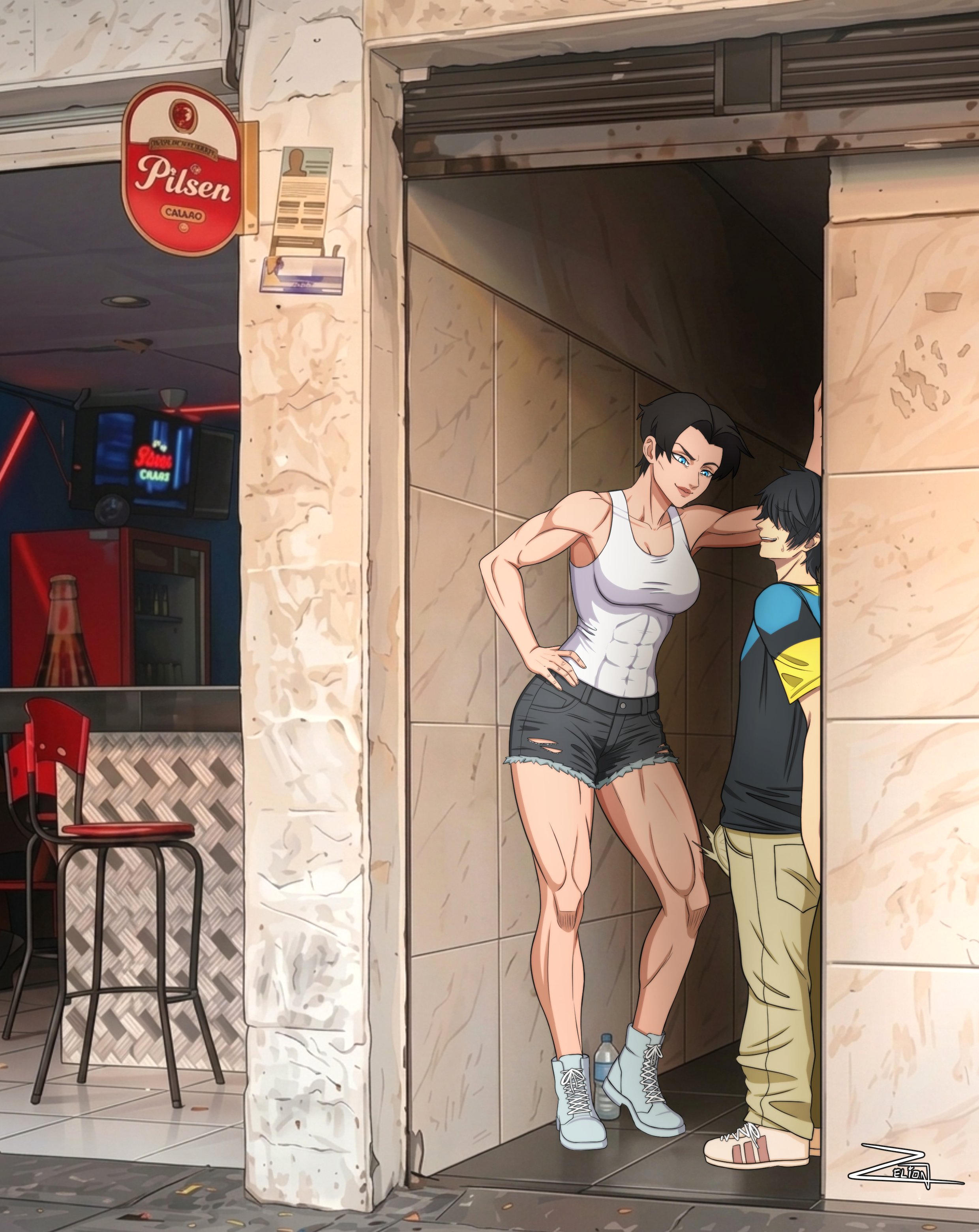 1boy, 1boy1girl, 1girl, 1girls, alleyway milf (meme), anissa, anissa (invincible), black hair, blue eyes, boots, bulge, cornered, erection, gray boots, invincible, invincible (tv series), jean shorts, mark grayson, meme, muscles, nervous, nervous expression, nervous male, nervous smile, smiling at partner, white shirt, zelionart
