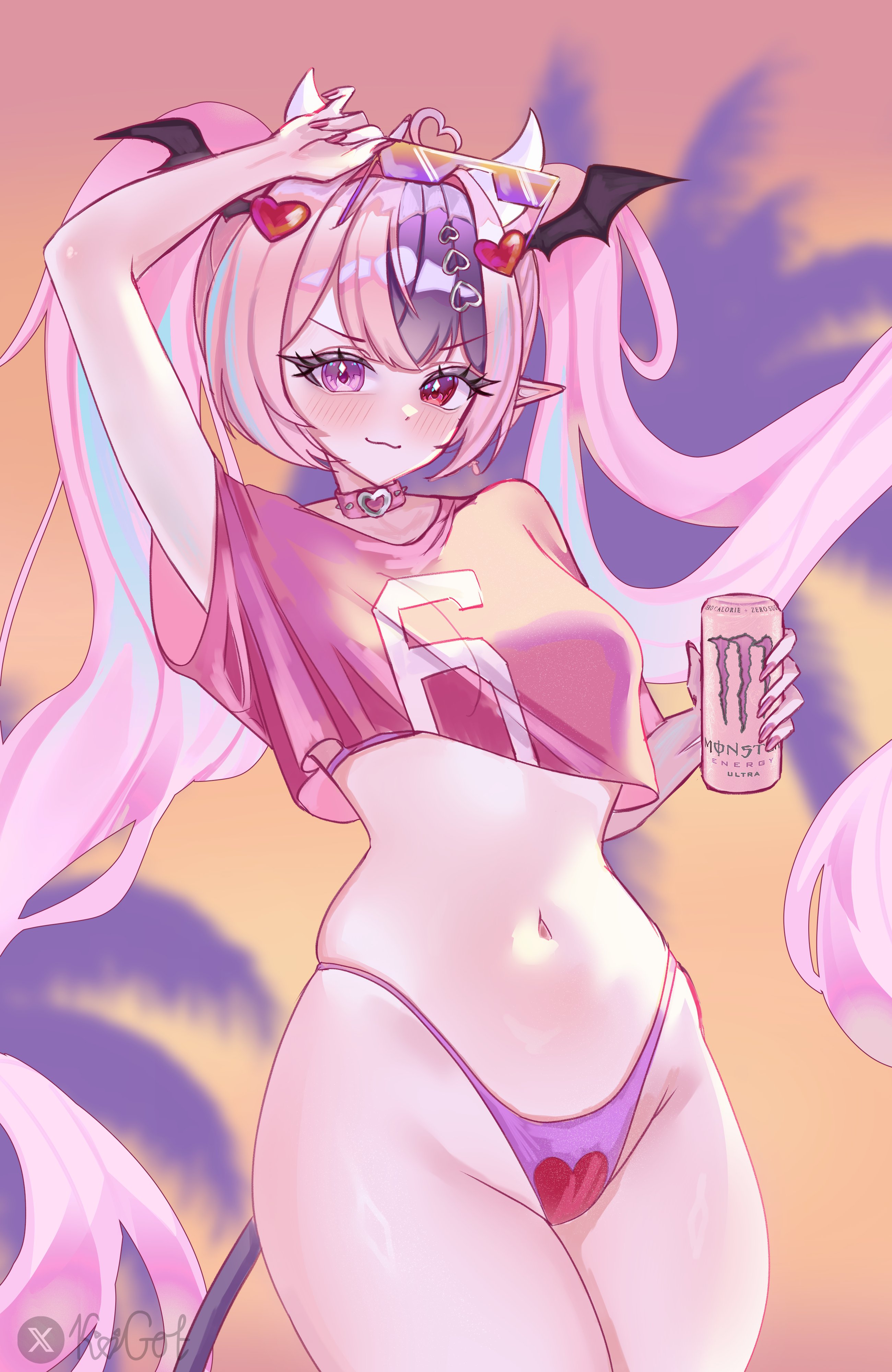 1girls, absurd res, ahoge, bikini, blush, breasts, can, cosplay, cropped shirt, curvy, demon girl, demon horns, demon tail, demon wings, drink can, eyewear on head, female, gta vi cover girl, hair ornament, head wings, heart, heart ahoge, heart hair ornament, heart print, heterochromia, highleg, highleg bikini, highres, hips, horns, indie virtual youtuber, ironmouse, ironmouse (season 3), kogggotok, latina, long hair, looking at viewer, medium breasts, monster energy, multicolored hair, navel, pink eyes, pink hair, pink shirt, pointy ears, pose imitation, purple bikini, purple eyes, purple hair, purple streaks, shirt, solo, streaked hair, sunglasses, swimsuit, tail, thick, thick thighs, thighs, twintails, virtual youtuber, vtuber, white horns, wide hips, wings