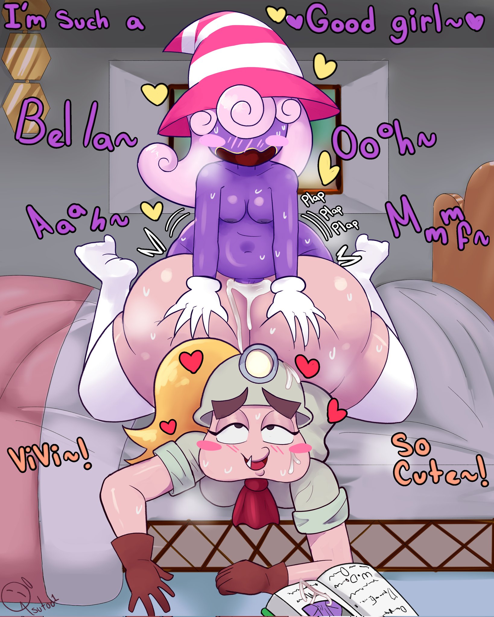 1futa, 1girls, blonde hair, blush, blush lines, blushing, canon futa, clothed, clothed female, clothed female nude futa, clothing, cum, cum inside, cum on book, cum on face, cumshot, english, english text, futa on female, futanari, goombella, grabbing, grabbing another's ass, grabbing ass, grabbing from behind, heart, heart symbol, kasutoo1, mario (series), moan, moaning, moaning in pleasure, moans, motion lines, nintendo, paper mario, pink blush, pink hair, plap, plap (sound), plapping, sex, sex from behind, sex on bed, socks, socks on, sweat, sweatdrop, sweating, sweaty, sweaty , sweaty ass, sweaty body, sweaty breasts, sweaty butt, text, thigh socks, trans woman, trans woman (lore), vivian (paper mario), yellow heart
