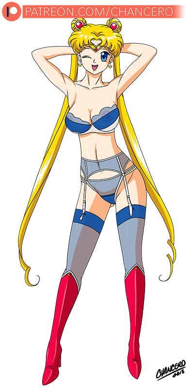 1girls bishoujo_senshi_sailor_moon boots bra breasts chancero double_bun female female_only garter_belt hair_bun high_heel_boots knee_boots lingerie panties sailor_moon see-through small_breasts solo stockings transparent_background usagi_tsukino wink