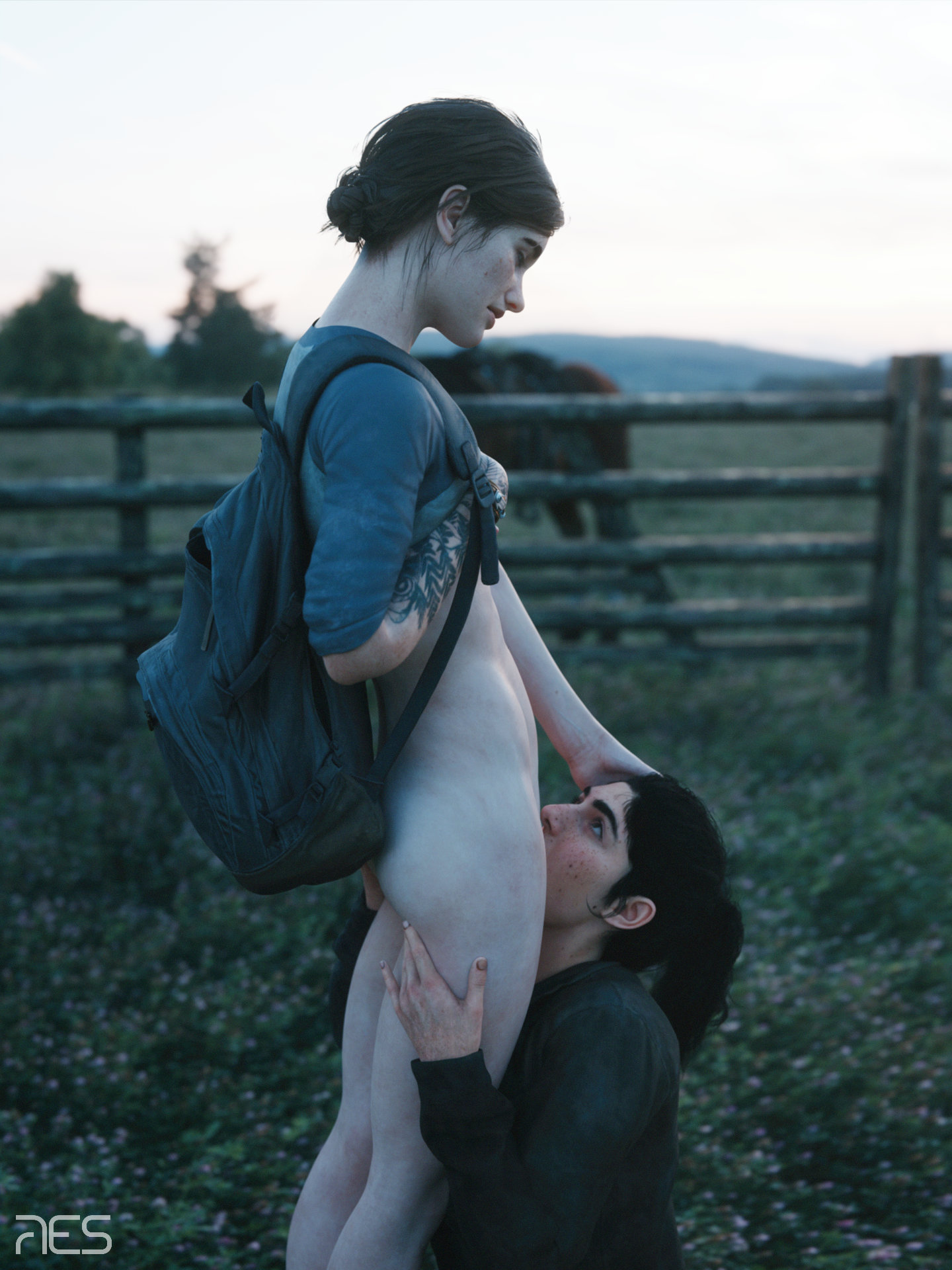 2girls, backpack, bottomless, cunnilingus, dina (the last of us), ellie (the last of us), ellie williams, eye contact, fence, freckles, hand on head, lesbian, lesbian couple, light skin, light-skinned female, nature, outdoors, petite body, res (artist), slim female, t-shirt, tattoo, teenage girl, teenager, the last of us, the last of us 2, witcherres