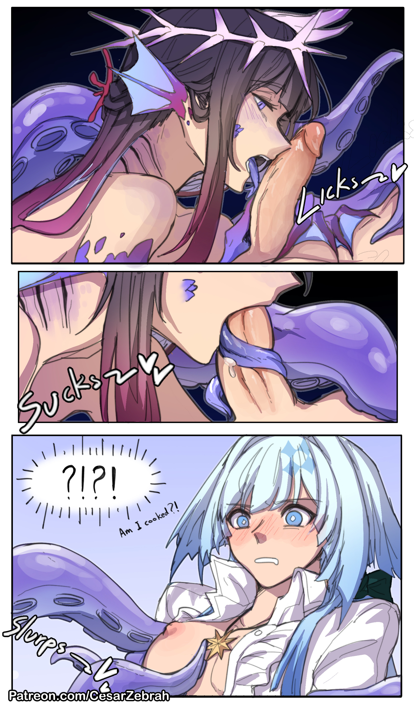 1futa, 2girls, blowjob, boobs, cerydra (honkai: star rail), cesarzebrah, cock worship, fins, futanari, honkai: star rail, hysilens (honkai: star rail), licking penis, octopus girl, scales, siren, tentacle, yuri