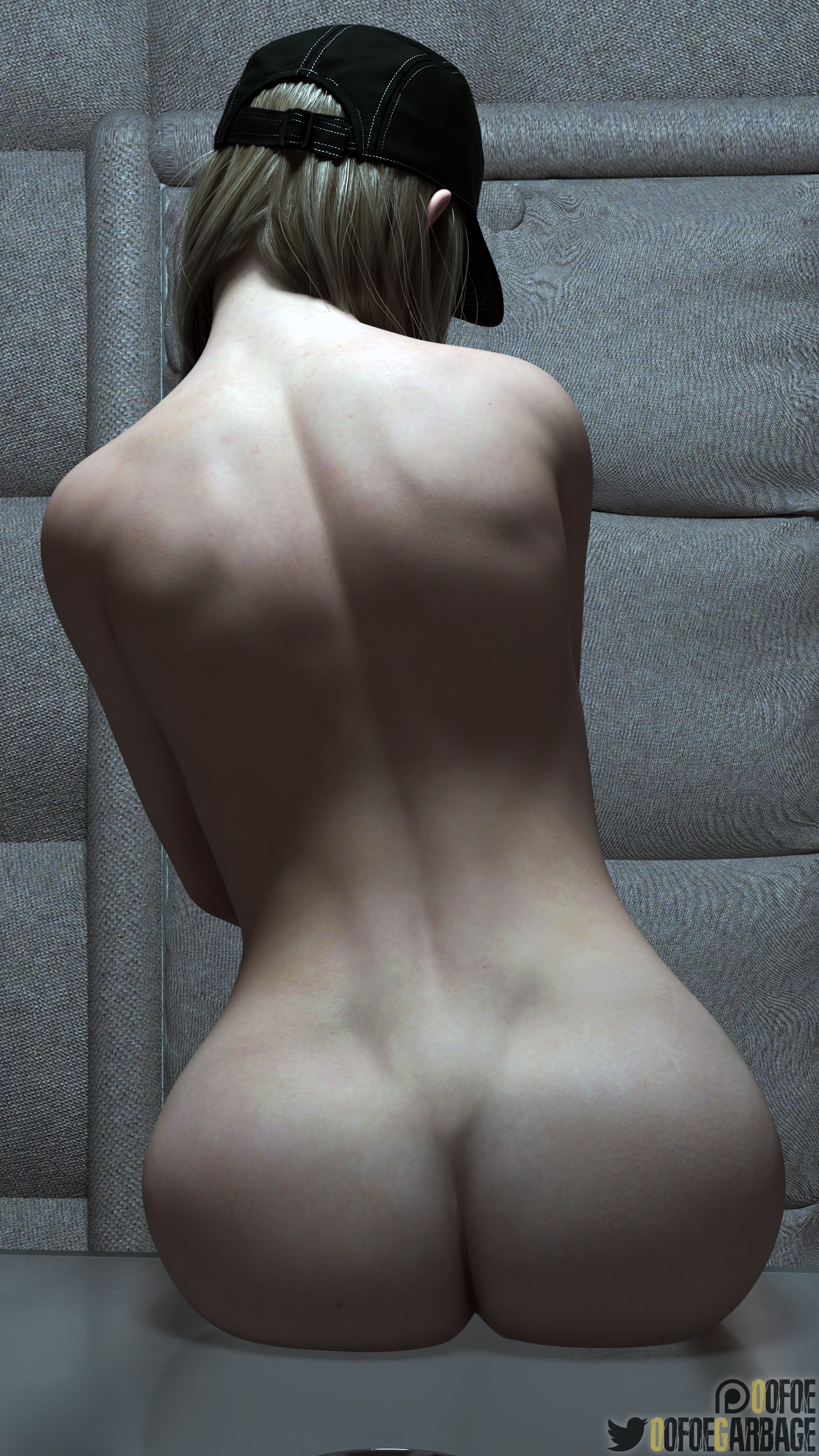 1girls, 3d, ass, back dimples, big ass, blonde hair, bubble ass, bubble butt, capcom, completely nude, dimples of venus, female, female focus, female only, hat, nude, nude female, oofoe, resident evil, resident evil 8: village, rosemary winters, sitting, slim waist, solo, teenage female, teenage girl, teenager