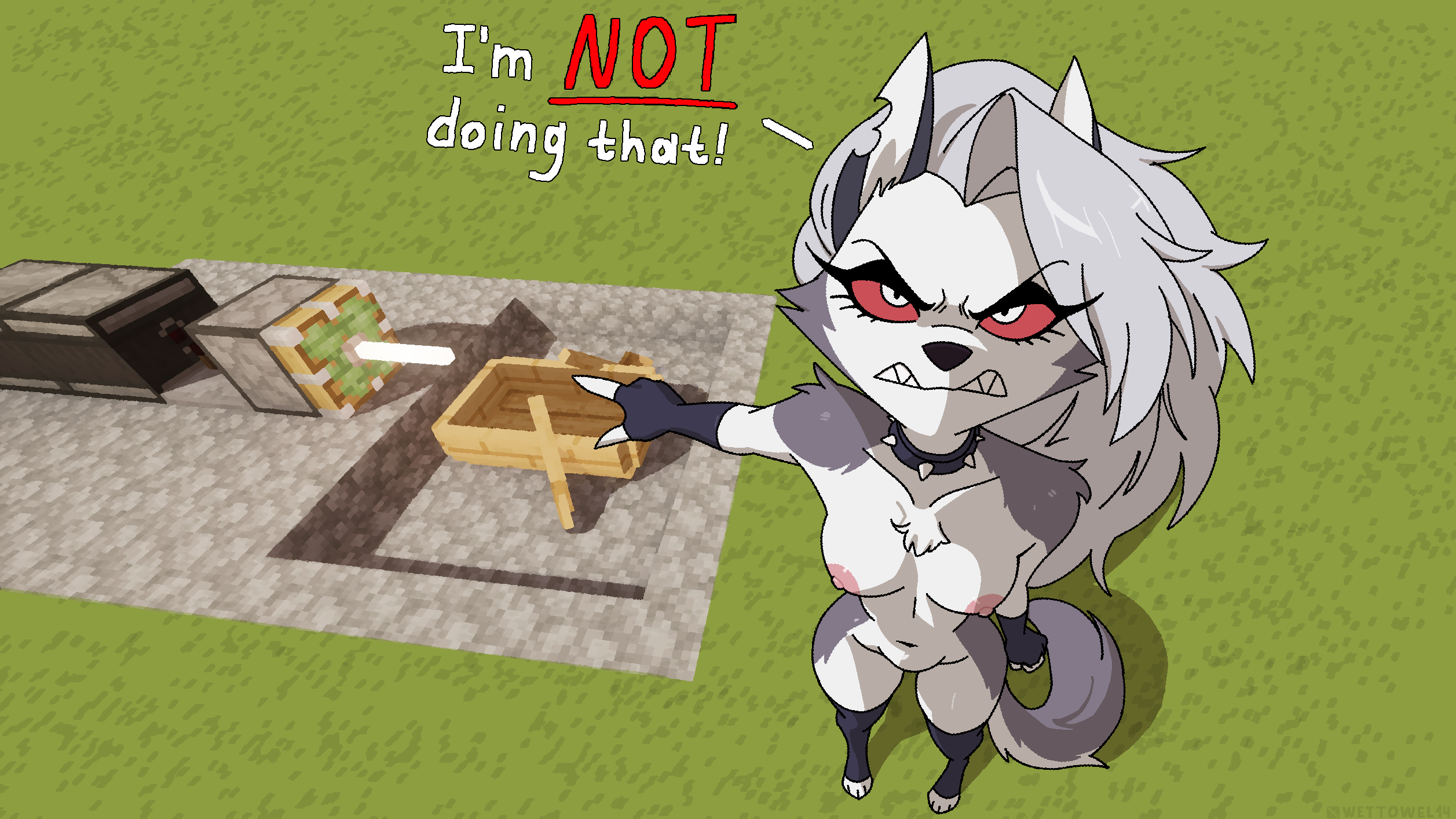 1female, 1girls, angry, anthro, areola, canid, canid demon, canine, clothed, clothing, collar, demon, dialogue, fingerless gloves, fist, funny, fur, furry, furry only, gesture, gloves, grey body, grey fur, grey hair, grey tail, hair, hand gesture, handwear, hellaverse, hellhound, helluva boss, humor, legwear, looking at viewer, loona (helluva boss), mammal, meme, microsoft, minecraft, minecraft sheep fucker machine, mojang, multicolored body, multicolored fur, multicolored tail, mythological canine, mythological creature, mythology, nipples, nude, partially clothed, pink areola, pink nipples, pointing, pointing at object, red eyes, simple background, solo, spiked collar, spikes, standing, stockings, tail, talking, talking to viewer, text, wettowel, white body, white fur, white tail, xbox game studios