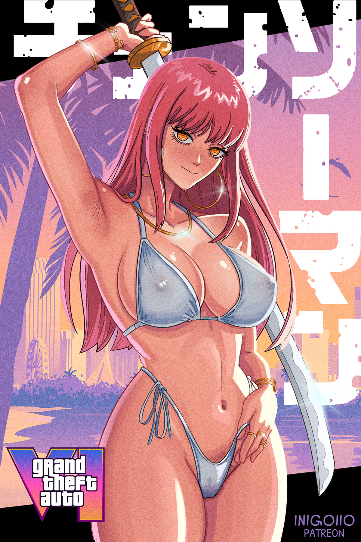 1girls, alternate version available, arm behind head, artist name, bikini, bikini bottom, bikini top, bottomwear, bracelet, breasts, chainsaw man, cleavage, copyright logo, copyright name, cosplay, covered nipples, ear piercing, earrings, female, female only, film grain, grand theft auto vi, gta vi cover girl, hair, handwear, highleg, highleg bikini, hips, holding object, holding weapon, hoop earrings, inigoiio, katana, logo, long hair, looking at viewer, makima (chainsaw man), medium breasts, nipple bulge, patreon username, pose, posing, pubes, pubic hair, pubic hair peek, red hair, ring, side-tie bikini, solo, solo female, sparkles, swimwear, sword, thick thighs, thighs, topwear, weapon, white bikini, yellow eyes