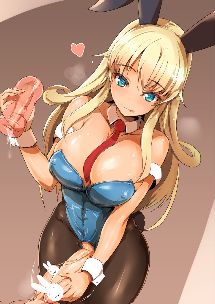 1boy, 1futa, armlet, artificial vagina, balls, between breasts, big breasts, blonde hair, blue eyes, breasts, bunny costume, bunny ears, bunny girl, bunny tail, bunnysuit, busty, censored, cleavage, detached collar, dickgirl, erection, female, frottage, futa is bigger, futa with male, futanari, intersex, large breasts, leotard, licking lips, long hair, male, necktie, necktie between breasts, onahole, original, pantyhose, penis, penis size comparison, penis size difference, penises touching, pov, sex toy, testicles, tie, ubanis, ubunny (ubanis), voluptuous, wrist cuffs