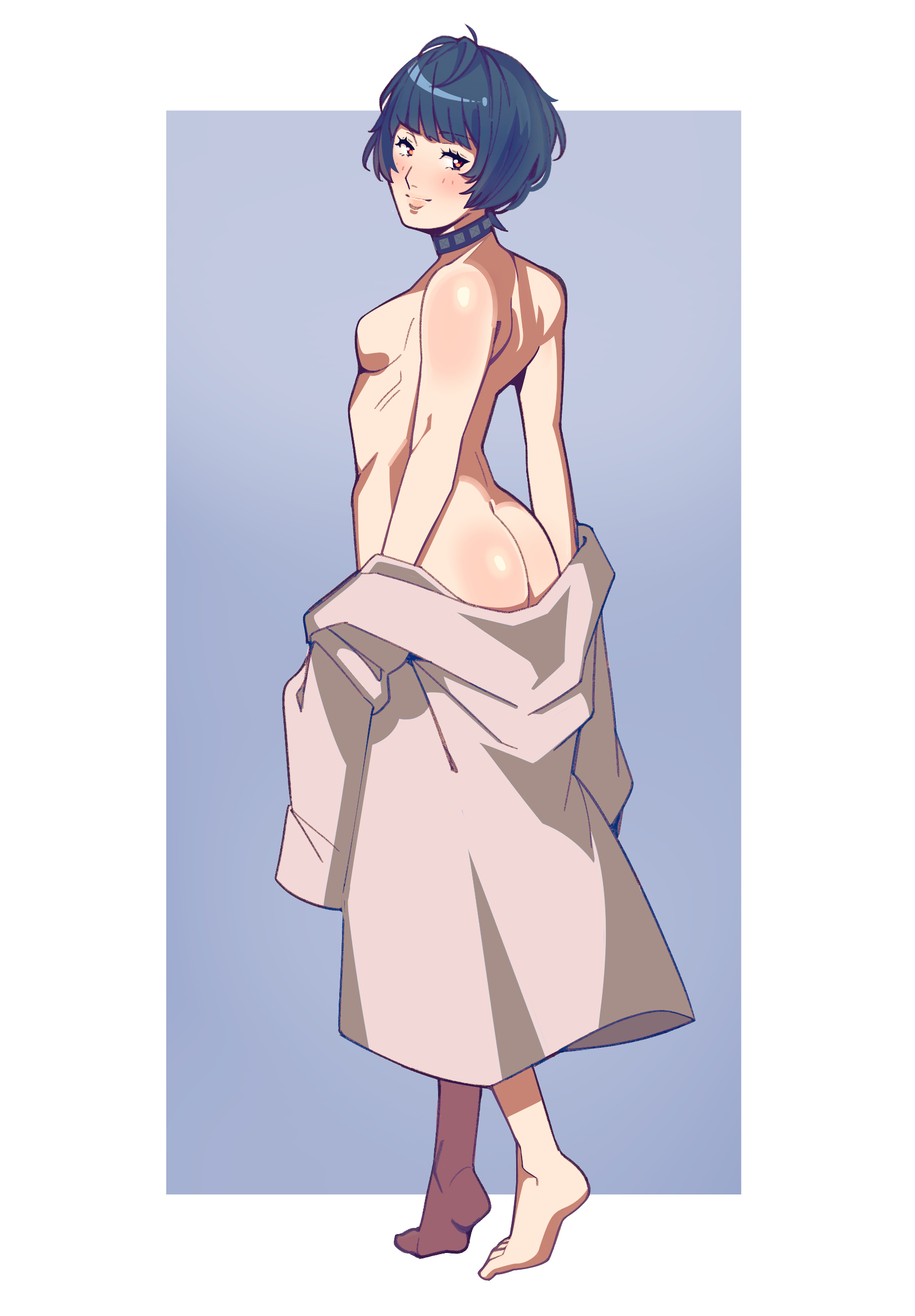 1girls, ass, atlus, back, barefoot, breasts, butt, clothes around waist, coat, collar, commentary, english commentary, eyelashes, feet, full body, highres, lab coat, looking at viewer, looking back, medium breasts, megami tensei, naked coat, naked lab coat, no nipples, nyoomphy, open clothes, persona, persona 5, sega, short hair, smile, solo, studded collar, studs, tae takemi, tiptoes, undressing