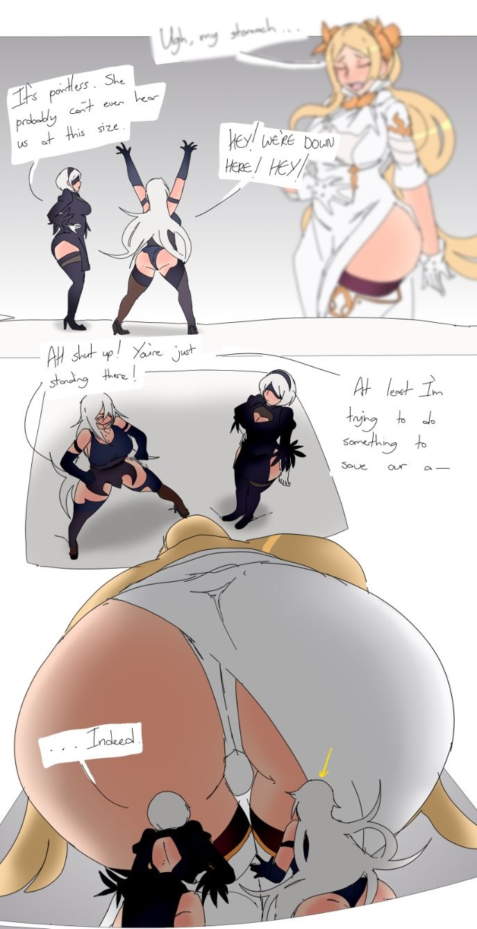 3girls, ass, big ass, blindfold, breasts, clothing, cropped, cropped image, english text, female, female only, giantess, hairband, lazei, light skin, light-skinned female, long hair, macro, micro, nier, nier: automata, no fart, short hair, shrunk, shrunken female, size difference, text, tiny, tiny female, white hair, yorha 2b, yorha a2, yorha commander