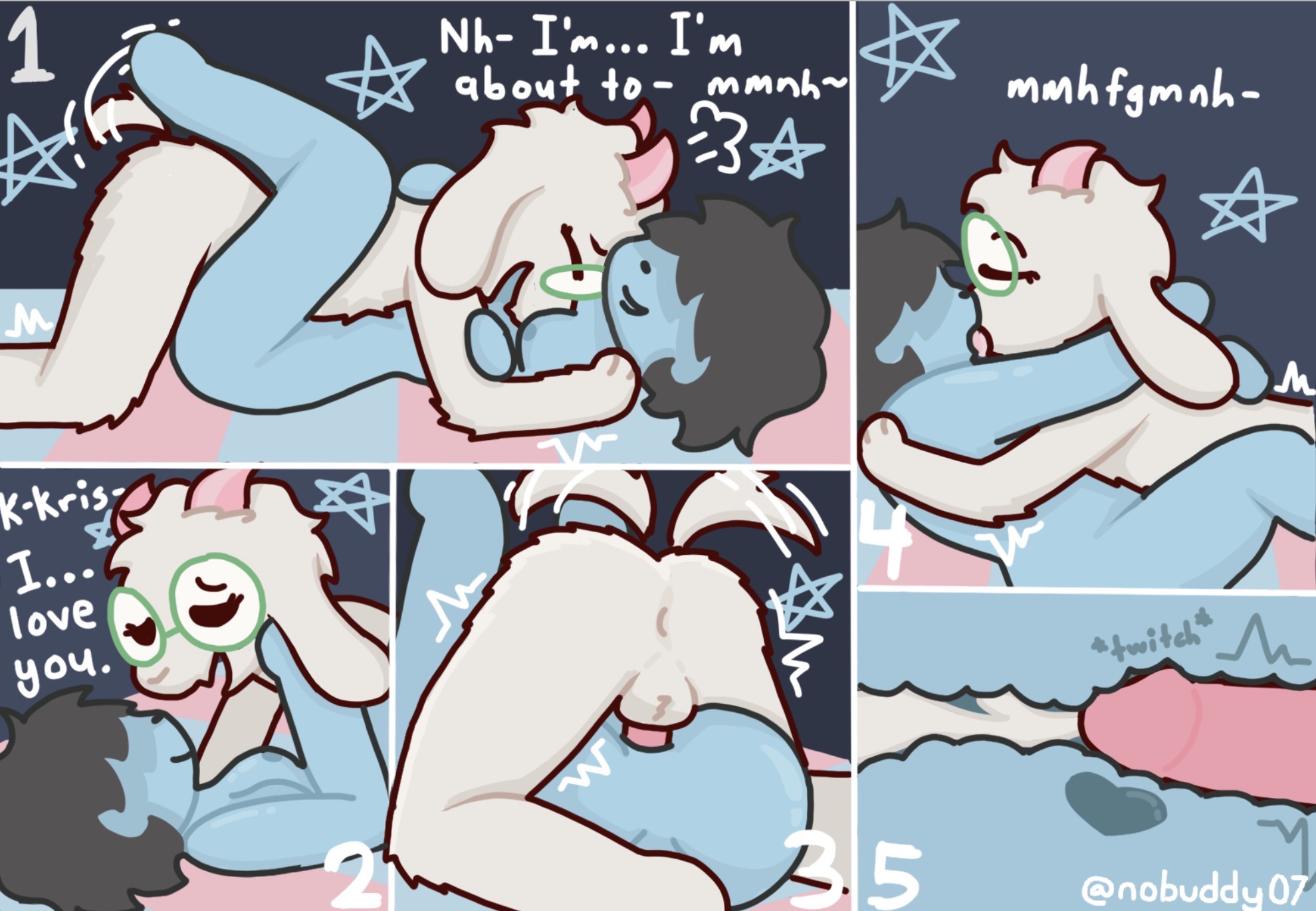 anal, anal penetration, announcing orgasm, anthro, anthro on human, anthro penetrating, bedding, bedroom eyes, bedroom sex, blue body, bodily fluids, breasts, caprine, cum, cum inside, deltarune, dialogue, duo, french kiss, fur, glasses, glasses only, goat, hand on ass, human, intersex, intersex penetrated, intersex/male, interspecies, kissing, kissing while penetrated, kris (deltarune), looking at another, lying on partner, male, missionary position, nobuddy, nonbinary, nude anthro, nude male, on back, orgasm, prostate, ralsei, small breasts, tailwag, tremble spikes, undertale (series), white fur, x-ray