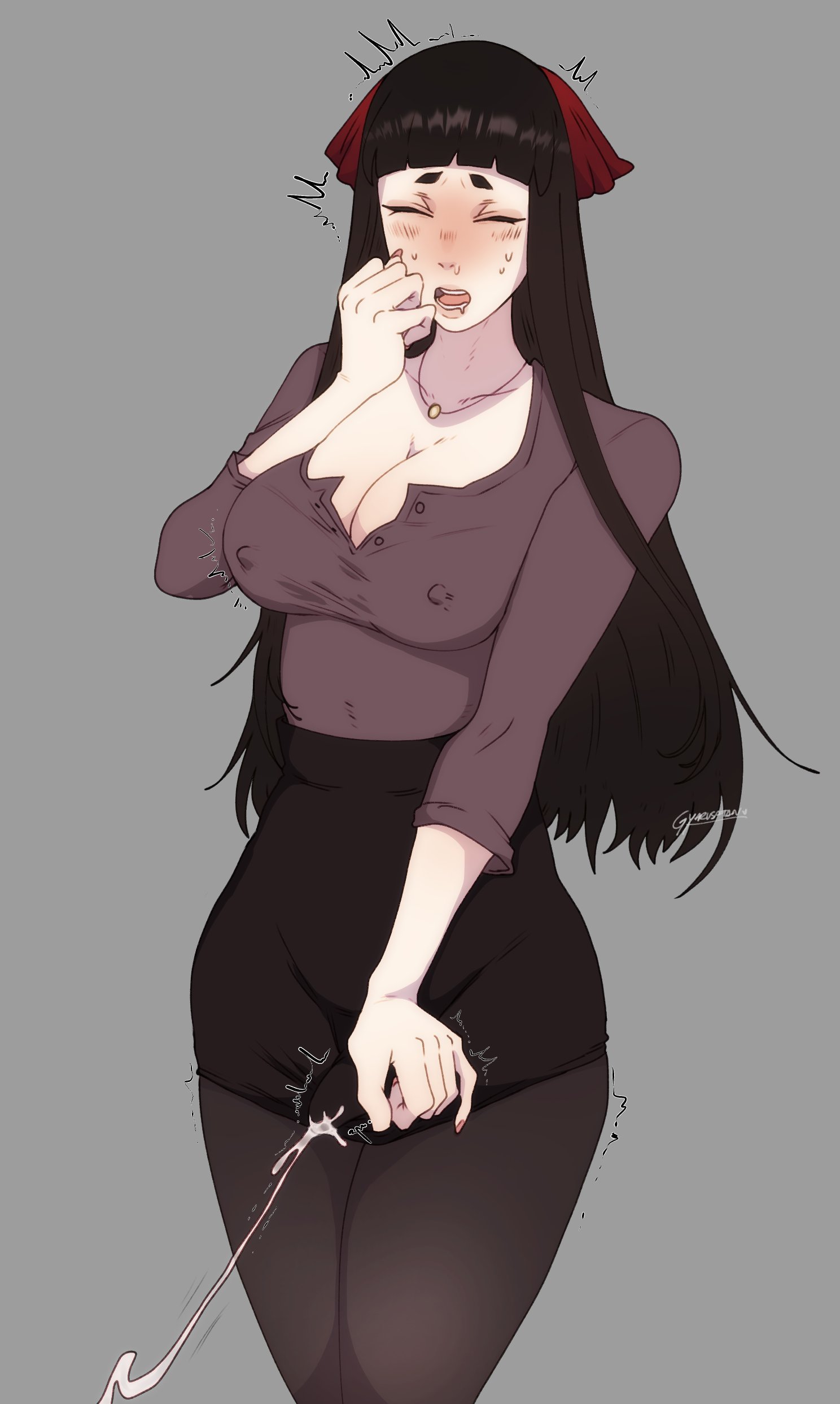1futa, black hair, blush, bulge, cleavage, closed eyes, cum, cum through clothes, cumshot, dickgirl, ejaculation, futa only, futanari, grey background, gyarusatan, hi res, intersex, long hair, nipple bulge, open mouth, orgasm, orgasm face, original, pantyhose, penis bulge, satsuki (gyarusatan), simple background, solo, spontaneous ejaculation