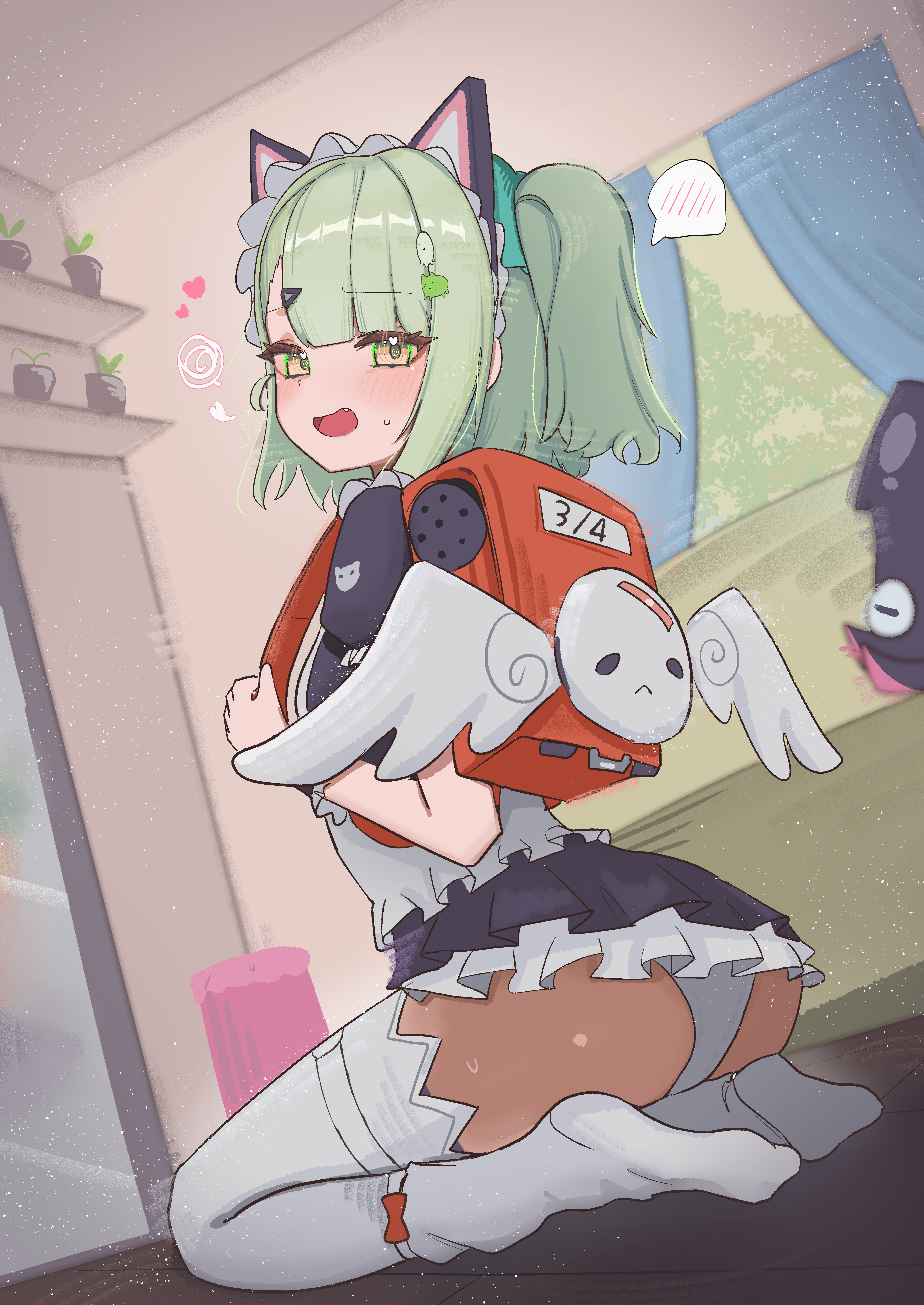 angels of delusion, ass, ass focus, back view, backpack, cat ears hairband, female, female focus, female only, green hair, kneesocks, looking at viewer, looking back, maid outfit, panties, simple background, sunna (afternoon tea break) (zenless zone zero), sunna (zenless zone zero), sweat, sweating, white panties, zenless zone zero