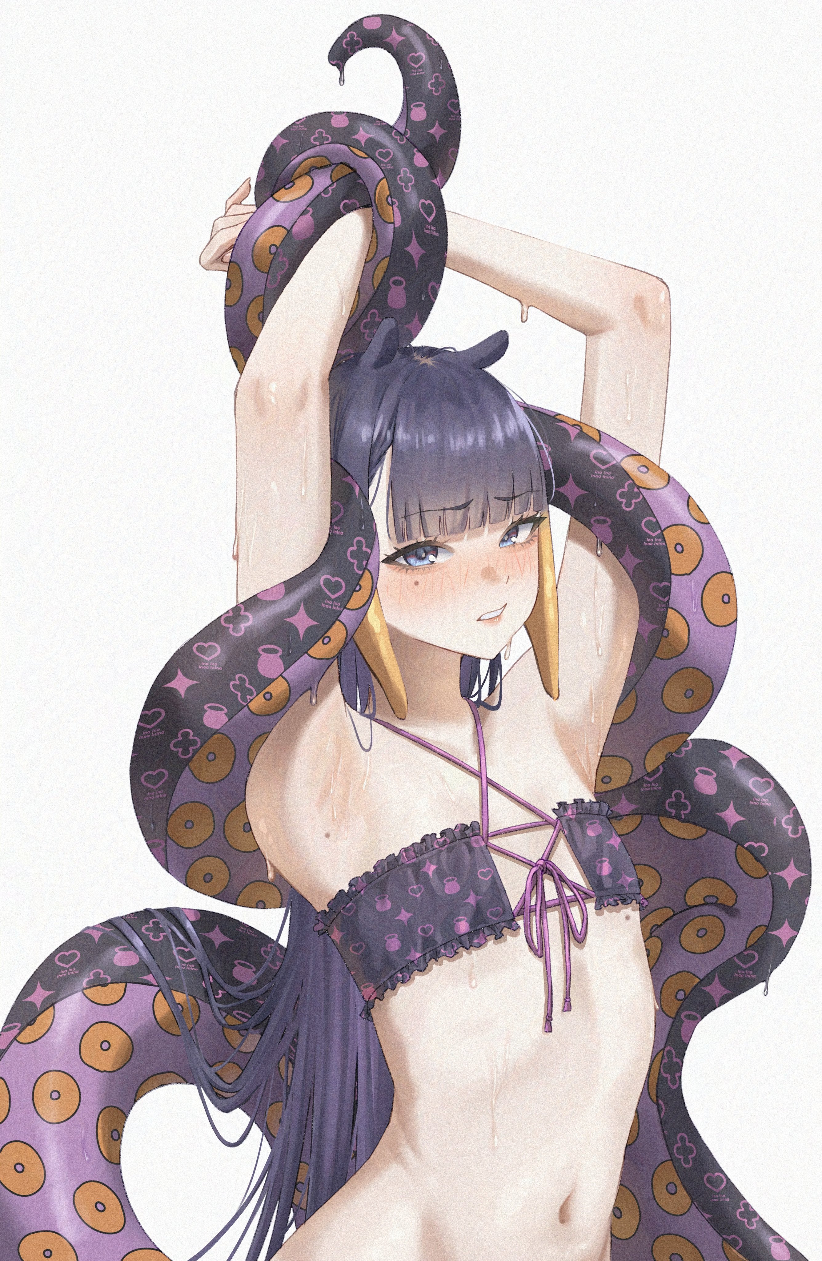 1girls, bikini, bikini top, blue eyes, blush, bra, displeased, embarrassed, female, female only, hands above head, hands up, hololive, hololive english, hololive myth, light skin, light-skinned female, long hair, looking at viewer, mole, mole on armpit, mole under breasts, mole under eye, navel, ninomae ina'nis, parted lips, posing, purple hair, restrained, samukzz, solo, standing, straight bangs, sweat, sweatdrop, sweating, sweaty, swimsuit, tentacles, virtual youtuber, waist, white background