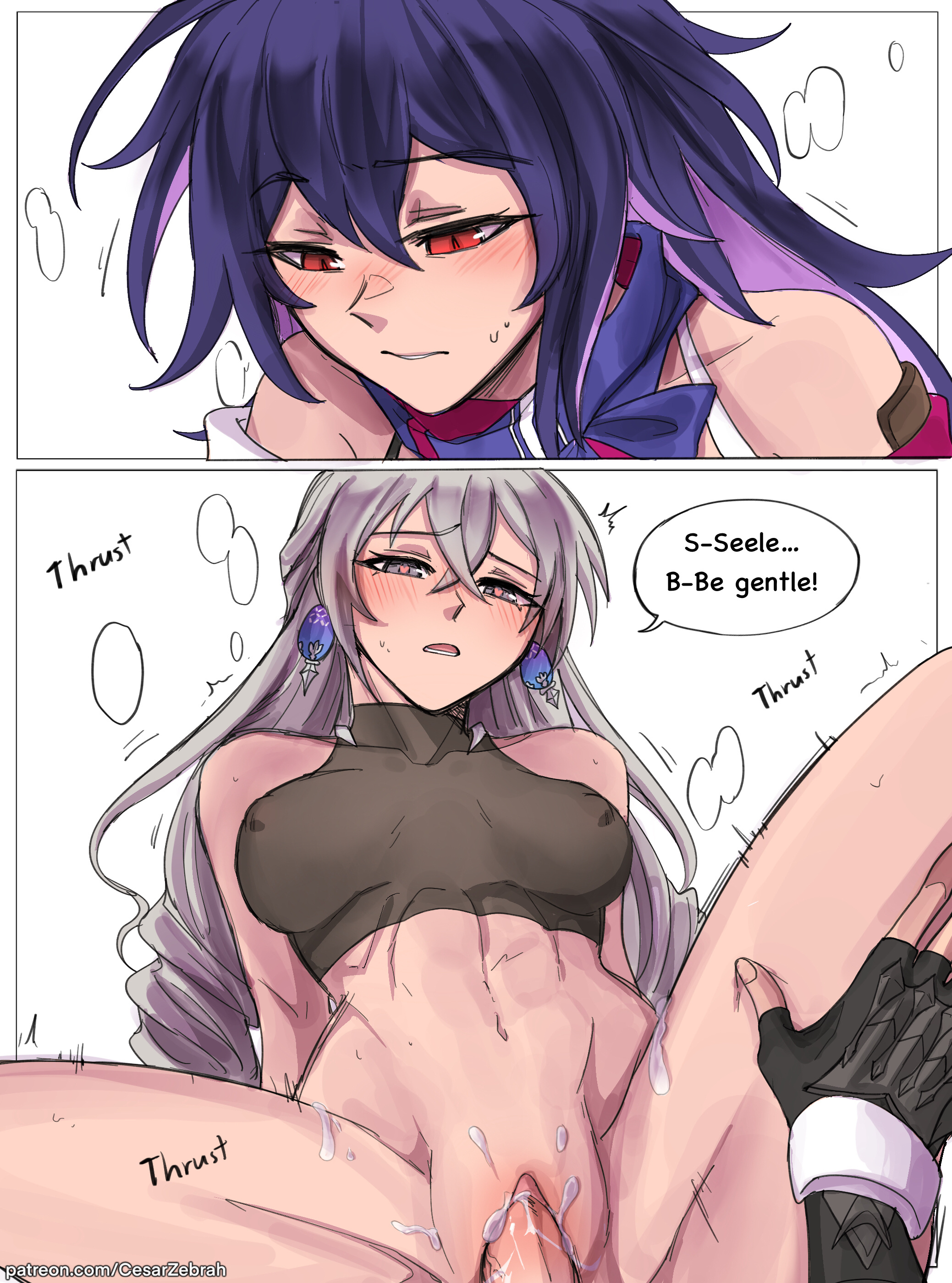 2girls, bottomless, bottomless female, bronya rand, cesarzebrah, covered nipples, cum, cum on body, drill hair, fingerless gloves, futanari, gloves, grey eyes, grey hair, honkai: star rail, long hair, medium breasts, navel, on bed, open mouth, red eyes, rough sex, seele (honkai: star rail), stomache, thighs, yuri