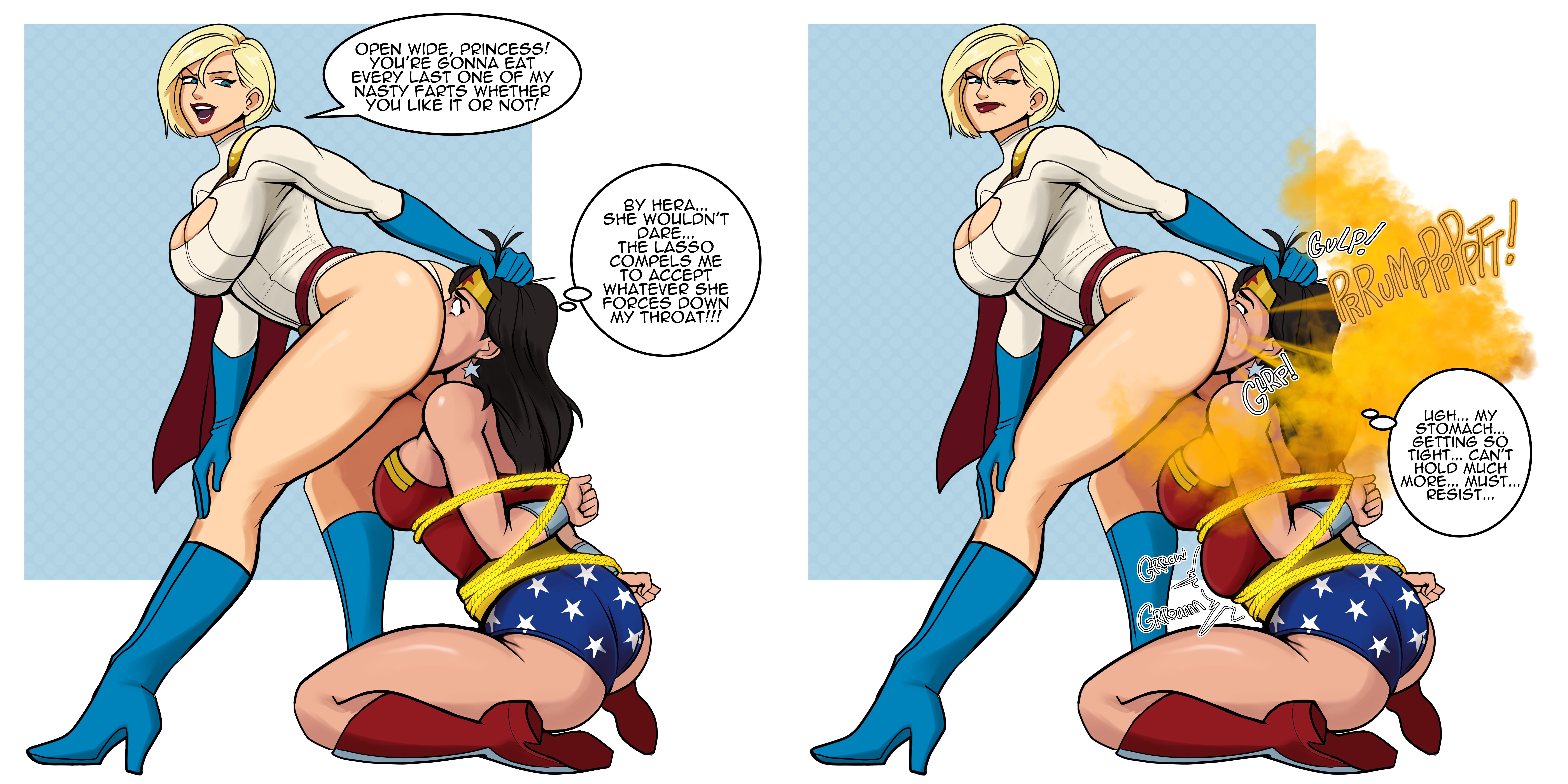 big ass, big breasts, black hair, blonde hair, breasts, bubble ass, bubble butt, dc, dc comics, english text, fart, fart cloud, fart fetish, fart torture, farting, farting in face, farting on face, female, lasso of truth, lolotron, power girl, superman (series), thick thighs, wonder woman, wonder woman (series)