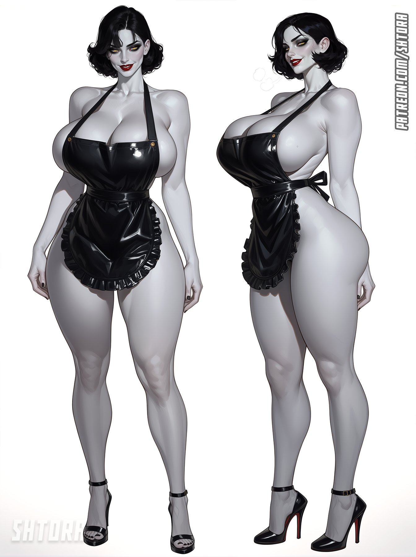 1girls, ai generated, alcina dimitrescu, ass, big ass, big breasts, breasts, capcom, female, female only, high heels, huge breasts, large ass, large breasts, mature female, milf, naked apron, resident evil, resident evil 8: village, shtora, solo female, thick thighs, wide hips