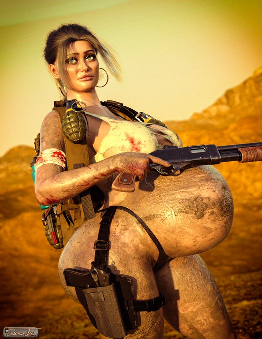 1girls 3d alternate_version_at_source ass belly big_ass big_belly big_breasts breasts brown_hair bubble_butt dirt dirty earrings fallout fallout_(tv_series) female female_only gun huge_ass huge_breasts lucy_maclean panties pregnant semper_jack shotgun solo solo_female thick_thighs torn_clothes
