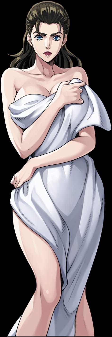 1930s, 1girls, 20th century, bathroom, battle tendency, breasts, brown hair, canonical scene, classy, classy female, closed eyes, closed mouth, covered nipples, covering breasts, david productions, female, female only, game asset, game cg, jojo's bizarre adventure, lisa lisa, mature female, milf, official style, ponytail, render, shounen jump, solo, towel, towel only, wealthy, wealthy female, widow, widowed milf