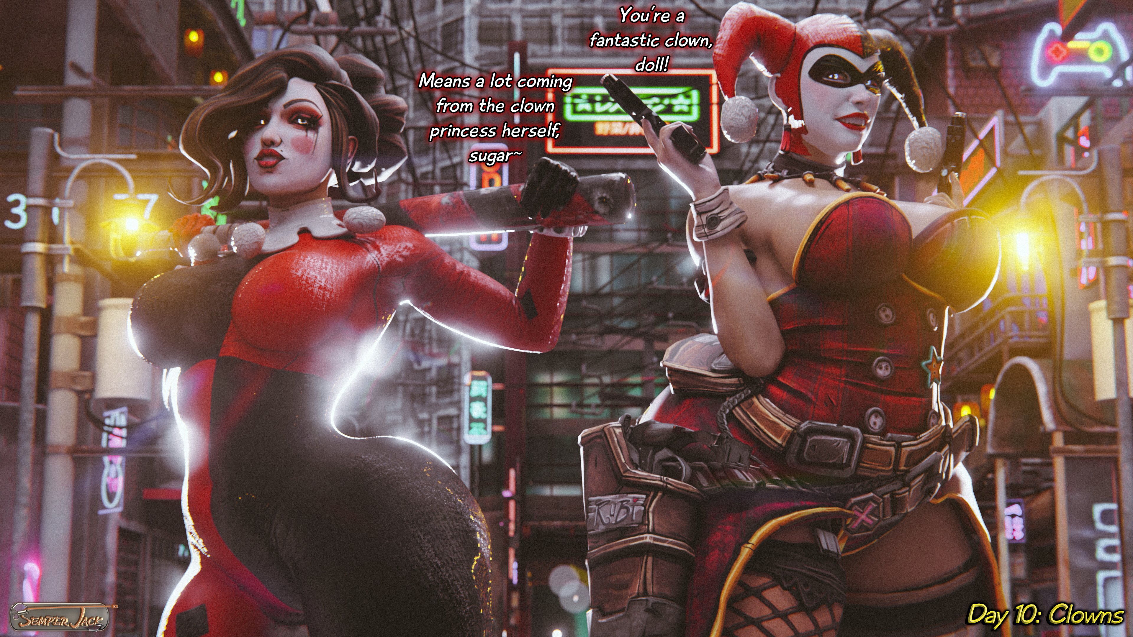 2girls, 3d, ass, baseball bat, beauty mark, big ass, big breasts, borderlands, borderlands 3, breasts, cosplay, crossover, dc comics, facepaint, female, female only, harley quinn, harley quinn (classic), harley quinn (cosplay), huge ass, large breasts, mad moxxi, mad moxxi (cosplay), outfit swap, semper jack, thick thighs, wide hips