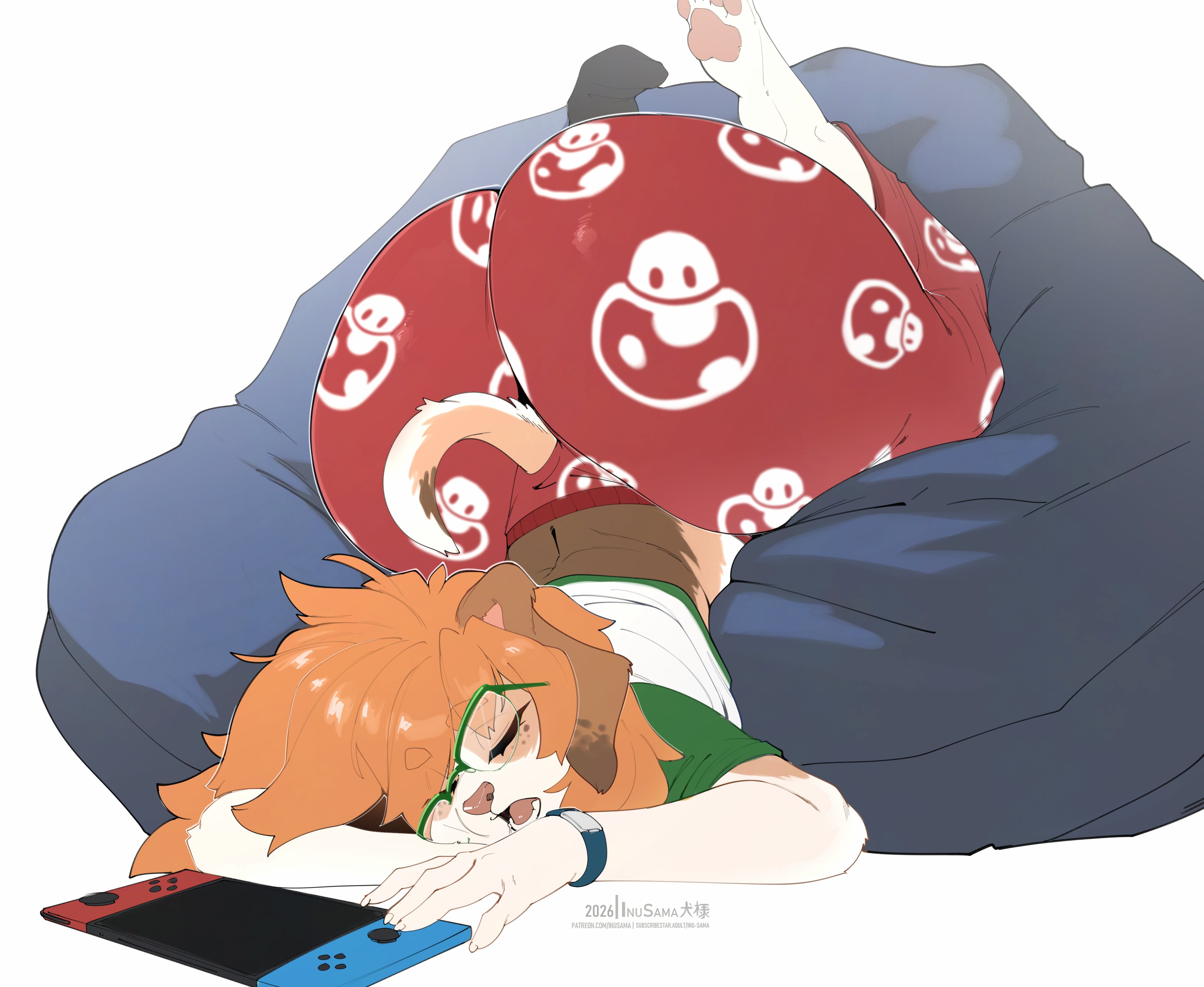 ass, bailey (the dogsmith), bean bag, big ass, face down ass up, female, female focus, female only, gigantic ass, green glasses, green shirt, huge ass, inu-sama, mario (series), pajama pants, pajamas, red hair, red pajamas, sleeping, super mario bros., switch, tagme, the dogsmith, watch, white fur, white shirt