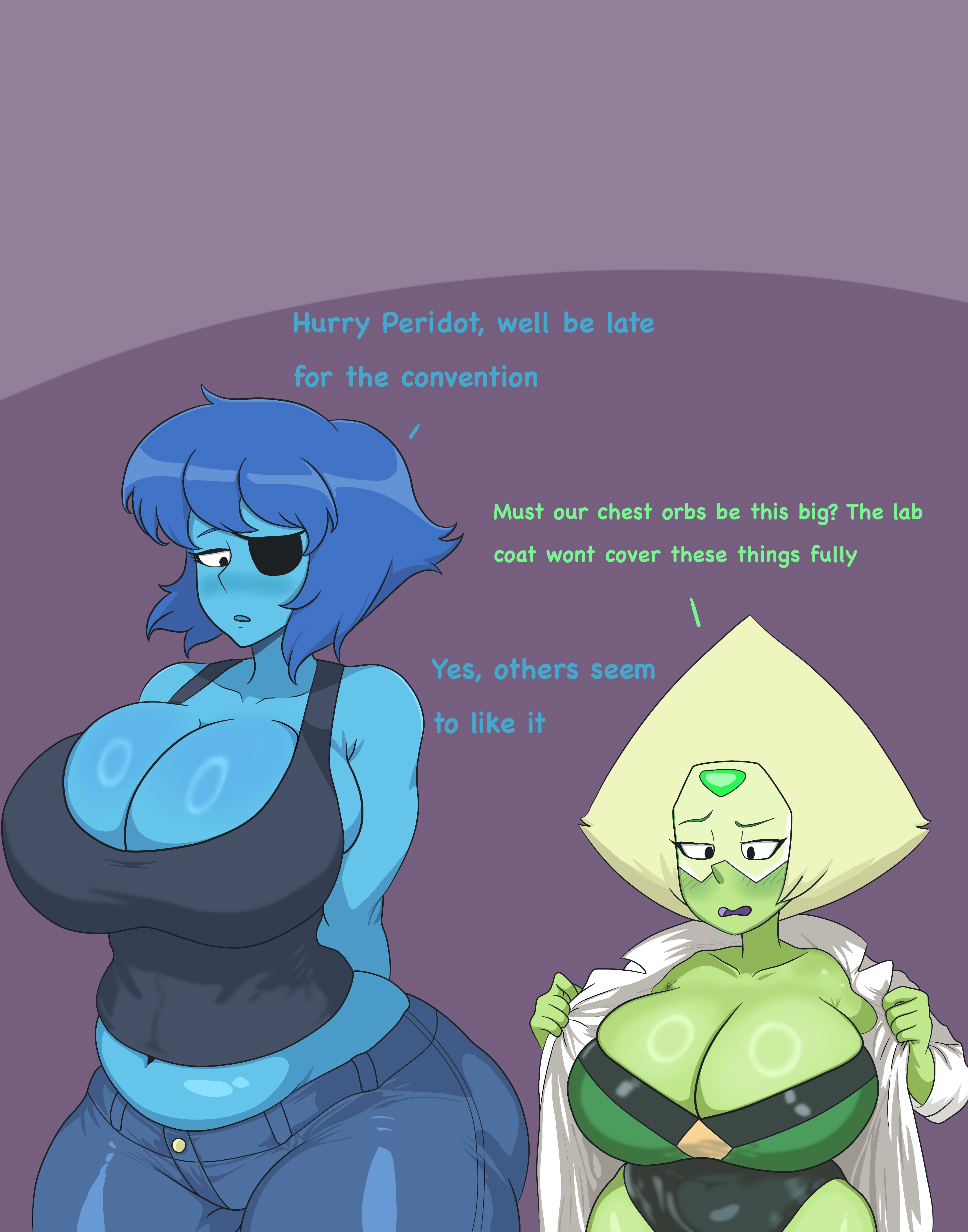 2girls, alphys, blue skin, blushing, cosplay, deltarune, green skin, huge breasts, lapis lazuli (steven universe), peridot (steven universe), proximal sketch, shiny skin, steven universe, thick thighs, undertale, undyne, undyne (cosplay), wide hips