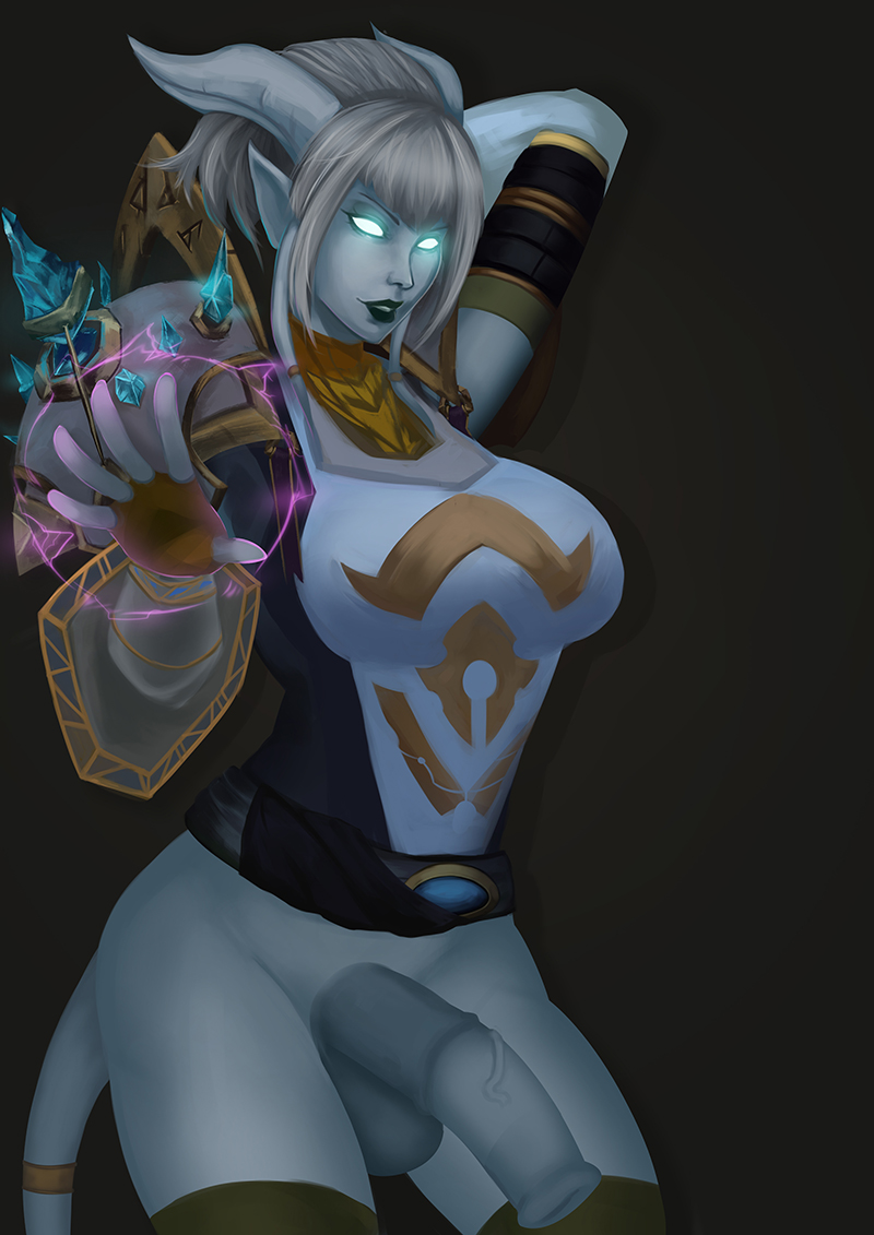 1futa, animal genitalia on humanoid, balls, blue eyes, breasts, draenei, futa only, futanari, glowing eyes, grey hair, half-erect, horns, horsecock, horsecock on humanoid, intersex, knightgawain, large penis, penis, pointy ears, solo, solo futa, standing, tail, tail ornament, testicles, uncensored, world of warcraft