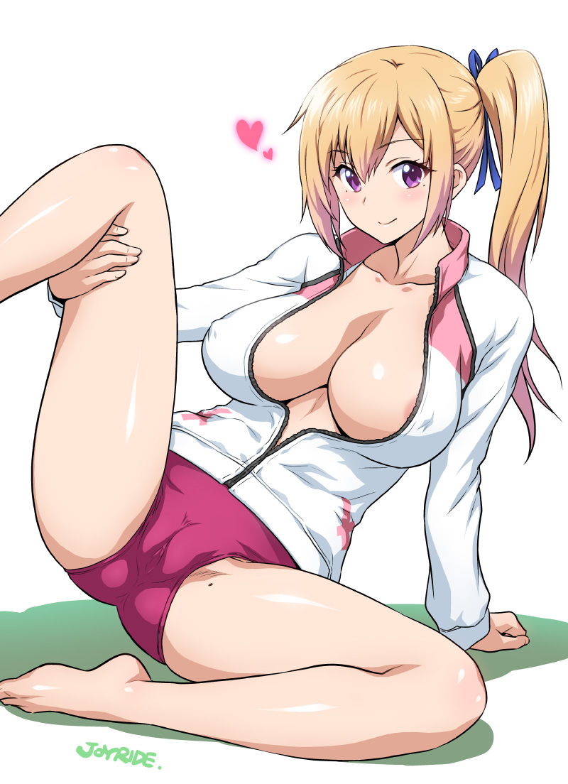 barefoot blonde_hair breasts cameltoe cleavage feet female joy_ride kawakami_mai large_breasts musaigen_no_phantom_world ponytail purple_eyes pussy shorts sitting smile solo tied_hair tight_clothes