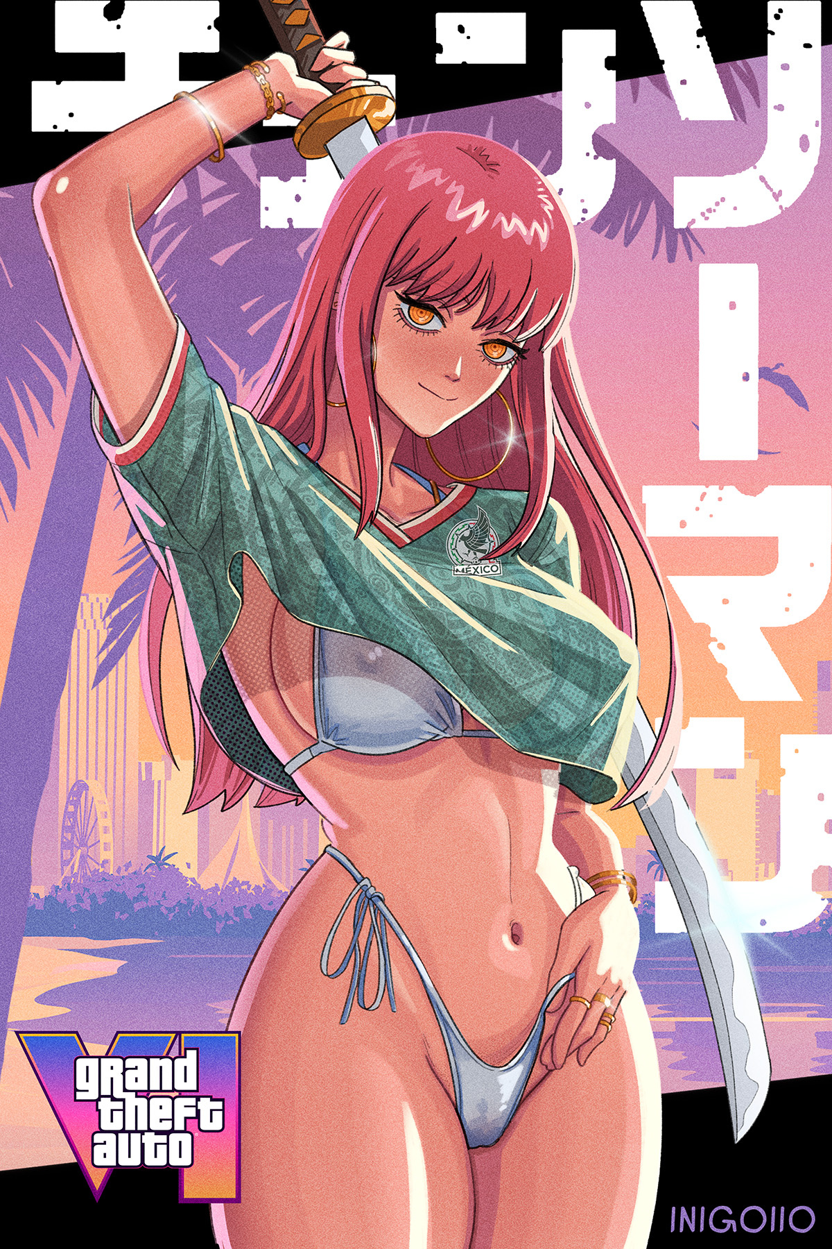 1girls, alternate version available, arm behind head, artist name, bikini, bikini bottom, bikini top, bottomwear, bracelet, breasts, chainsaw man, cosplay, ear piercing, earrings, female, female only, grand theft auto vi, green shirt, gta vi cover girl, hair, handwear, hips, holding object, holding weapon, hoop earrings, inigoiio, logo, long hair, makima (chainsaw man), medium breasts, pose, posing, red hair, ring, shirt, solo, solo female, sparkles, swimwear, sword, thick thighs, thighs, topwear, weapon, white bikini, yellow eyes
