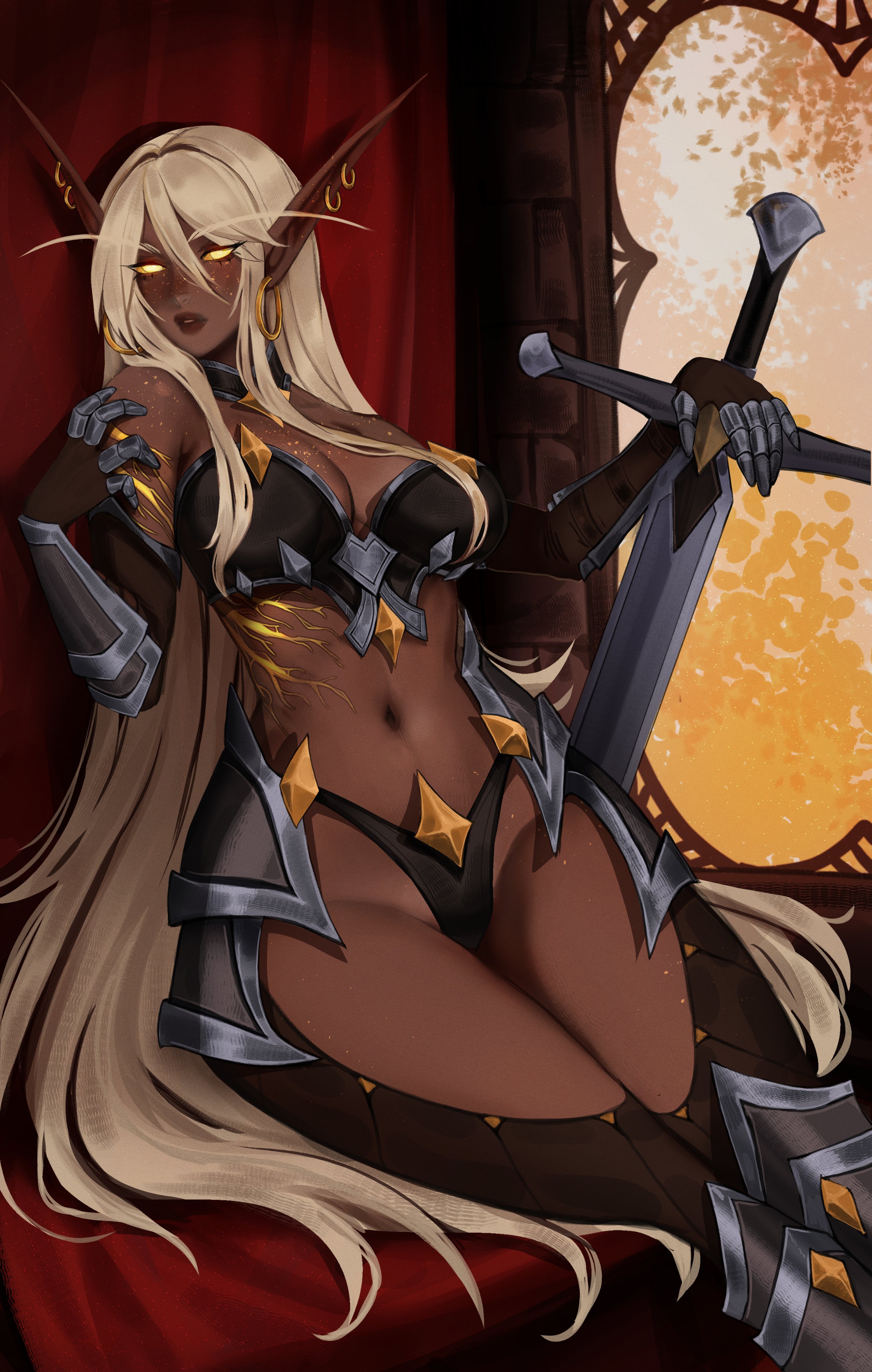 1girls, absurd res, armor, armored female, blizzard entertainment, blonde hair, blood elf, dark elf, dark skin, dark-skinned female, earrings, elf, elf ears, elf female, female, female only, freckles, freckles on chest, freckles on shoulders, long ears, long eyebrows, long hair, looking at viewer, maewix1, sitting, solo, sword, thick thighs, very long hair, warcraft, weapon, wide hips, world of warcraft, yellow eyes
