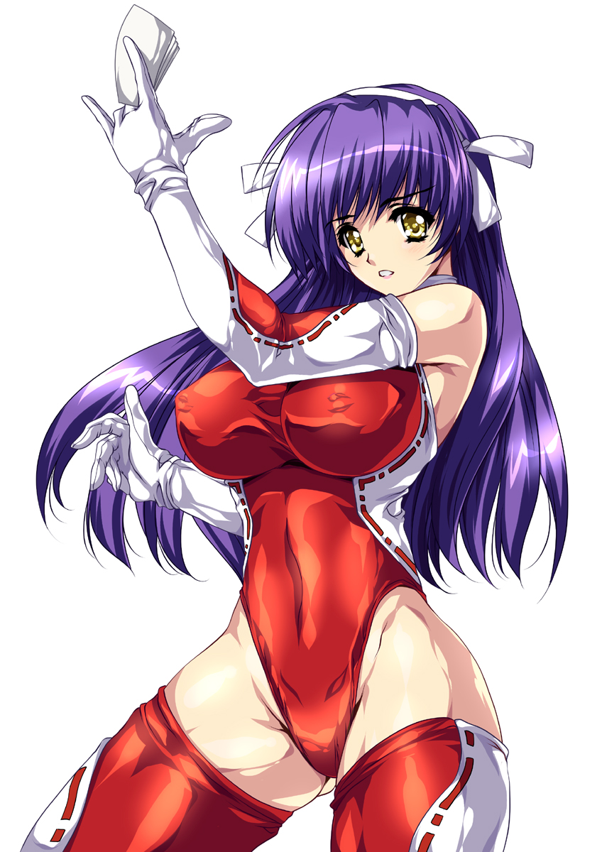 1girls breasts elbow_gloves female gloves hair_ribbon highres large_breasts leotard long_hair nontraditional_miko original purple_hair ribbon simple_background smash_daisaku solo thighhighs yellow_eyes