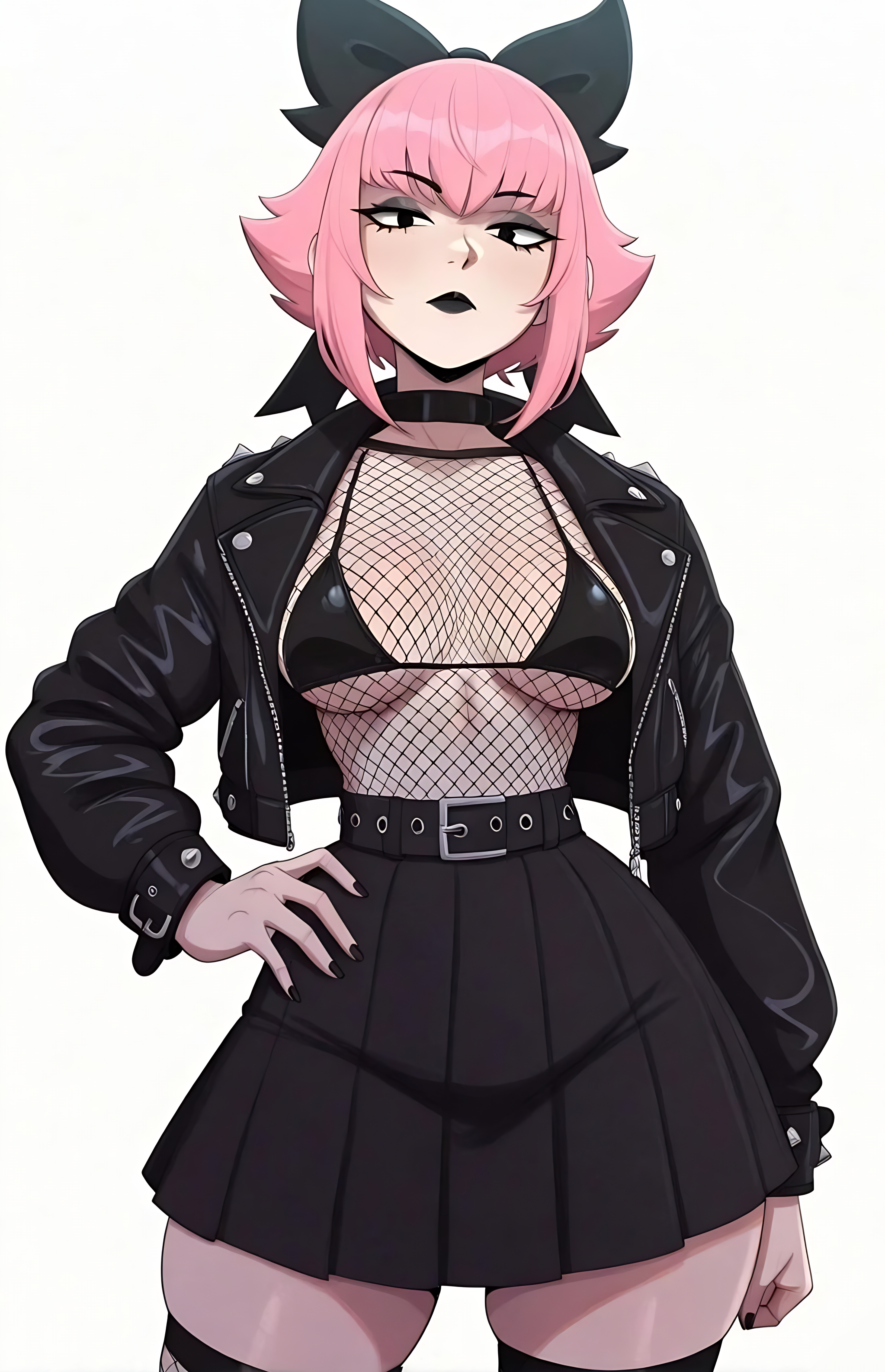 1girl, 1girls, ai generated, bikini, bikini top, black eyes, black lipstick, brawl stars, breasts, collar, female, female focus, female only, fishnet, fishnet clothing, hand on hip, jacket, leather jacket, lipstick, looking at viewer, makeup, medium breasts, melodie (brawl stars), mrnails, open jacket, pink hair, pleated skirt, ribbon, skirt, solo, solo female, thighhighs, thighs, white background