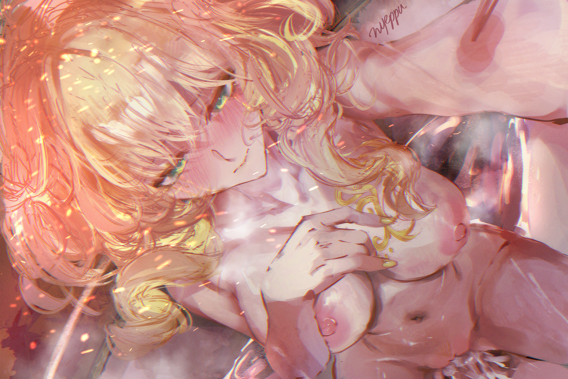2girls, aglaea (honkai: star rail), bathhouse, big breasts, cipher (honkai: star rail), cum in pussy, honkai: star rail, nyeppu, riding, yuri