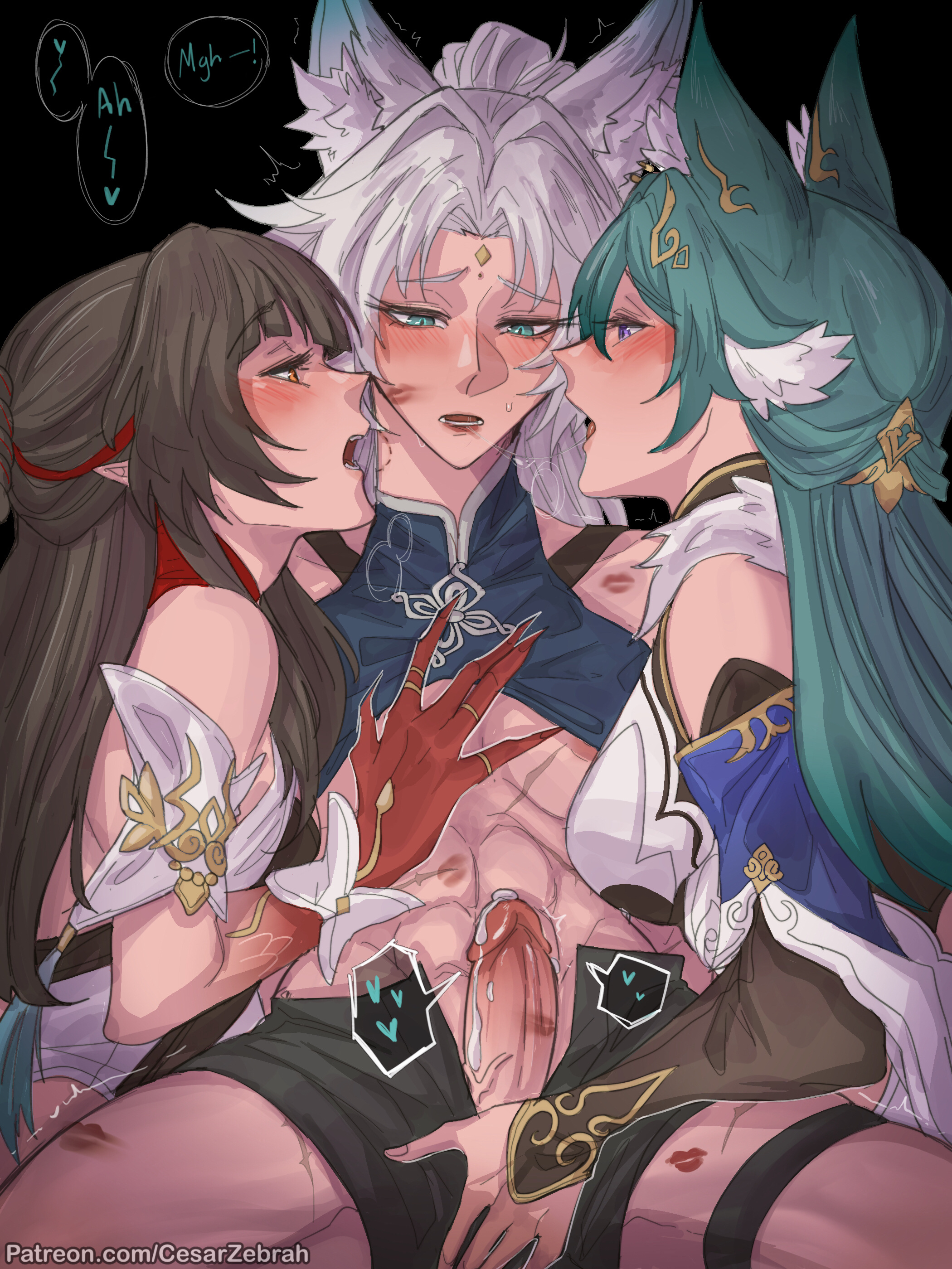 2girls, 3some, big penis, bite mark, cesarzebrah, cum on body, feixiao (honkai: star rail), futanari, lingsha (honkai: star rail), yukong (honkai: star rail), yuri