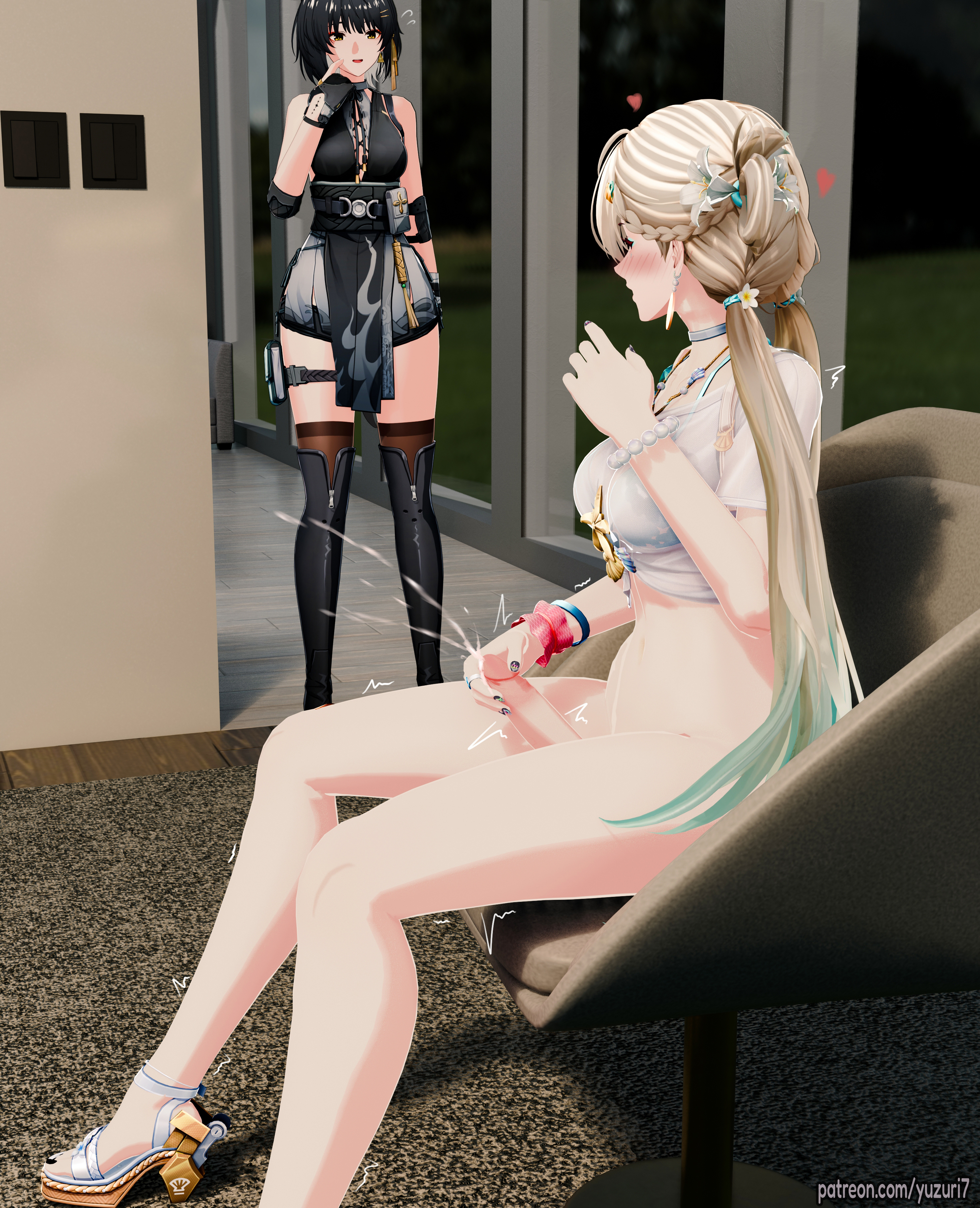 1futa, 1girls, 2girls, 3d, bare legs, blender, blonde hair, blush, cum, cumshot, ejaculation, embarrassed, english text, feet, female, female rover (wuthering waves), futa only, futanari, gyaru, heart, hi res, holding penis, indoors, jerking, jerkingoff, large breasts, long hair, looking at another, lynae (wuthering waves), makeup, masturbation, multiple girls, nail polish, open mouth, penis, purple hair, rover (wuthering waves), sitting, standing, surprised, swimsuit, text, thighs, trembling, two-tone hair, wuthering waves, yuzuri7