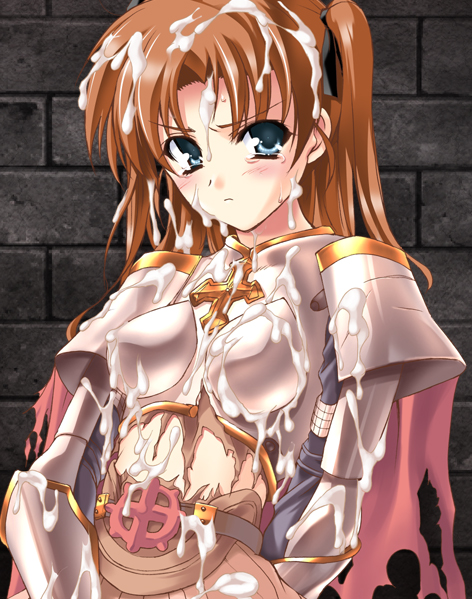 angry angry_facial armor asaga_aoi blue_eyes blush brown_hair bukkake cum cum_on_clothes cum_on_face cum_on_hair ero_offline ero_ragnarok_offline hair_ribbon long_hair lord_knight lord_knight_(ragnarok_online) ragnarok_online solo tears torn_clothes