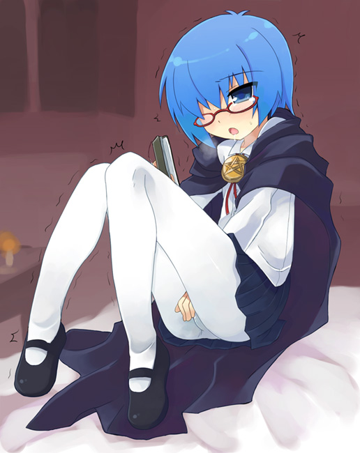 blue_eyes blue_hair blush book breath cape clothed_masturbation clothing drooling glasses leggings mary_janes masturbation otoutogimi pantyhose pentacle pleated_skirt red-framed_glasses saliva school_uniform shoes skirt solo tabitha tights trembling white_leggings white_legwear white_pantyhose zero_no_tsukaima zzz