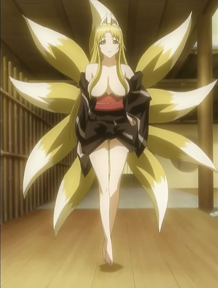 animal_ears animal_tail anime_screencap barefoot blonde_hair breasts cap censor_hair feet fox_ears fox_tail japanese_clothes jpeg_artifacts kanokon kitsune kyuubi long_hair mature_female minamoto_tamamori monster_girl mother multiple_tails screencap screenshot tail tamamo topless