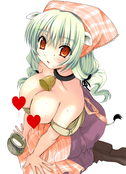 1girls animal_ears bell bell_collar big_breasts breasts censored collar cow_ears cow_girl cow_tail dirndl farmer female green_hair hat heart heart_censor kneeling lactation large_breasts leash long_hair milk ninoko original plaid red_eyes slit_pupils solo sweat tail tartan tracht