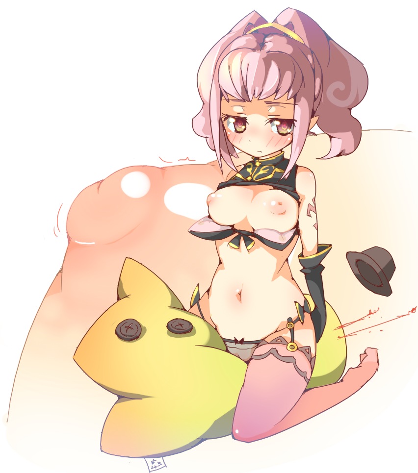 1girls anya_alstreim between_thighs blush breasts cheese-kun code_geass elbow_gloves female female_only gloves hat large_breasts light-skinned_female light_skin nipples panties pink_eyes pink_hair pizza_hut prnt puffy_nipples solo striped tattoo thighhighs thighs underwear