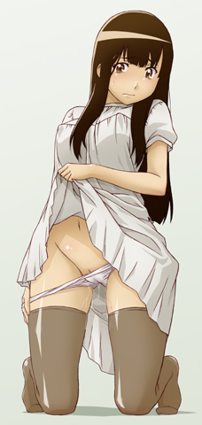 brown_hair chiba_saori clitoris_slip clitslip dress dress_lift lowres panties panty_pull pussy pussy_juice sawa_jaaji shy skirt skirt_lift thighhighs underwear wandering_son