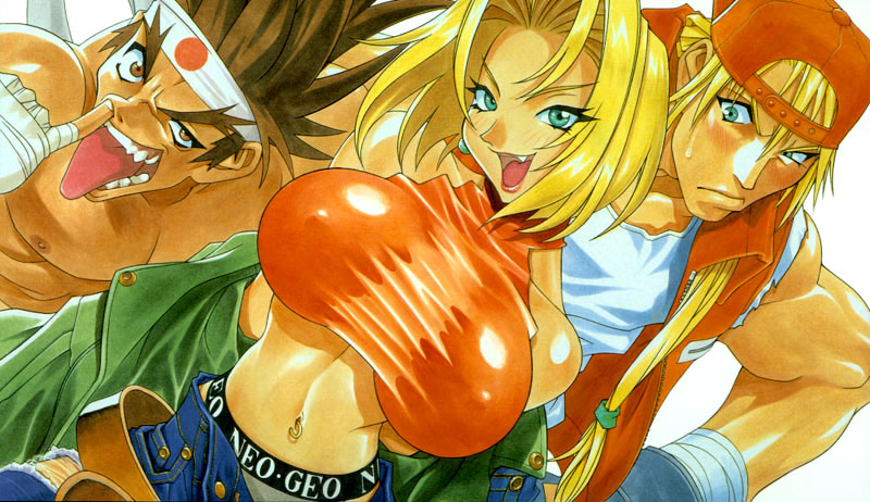 1girls 2boys bare_shoulders belt blonde_hair blue_mary breasts cute_fang earrings erect_nipples fatal_fury green_eyes halter halterneck hat headband huge_breasts jacket jewelry joe_higashi king_of_fighters kotobuki_tsukasa lipstick makeup midriff navel_piercing neo_geo oldschool panties piercing short_hair snk terry_bogard tongue torn_clothes underwear undressing