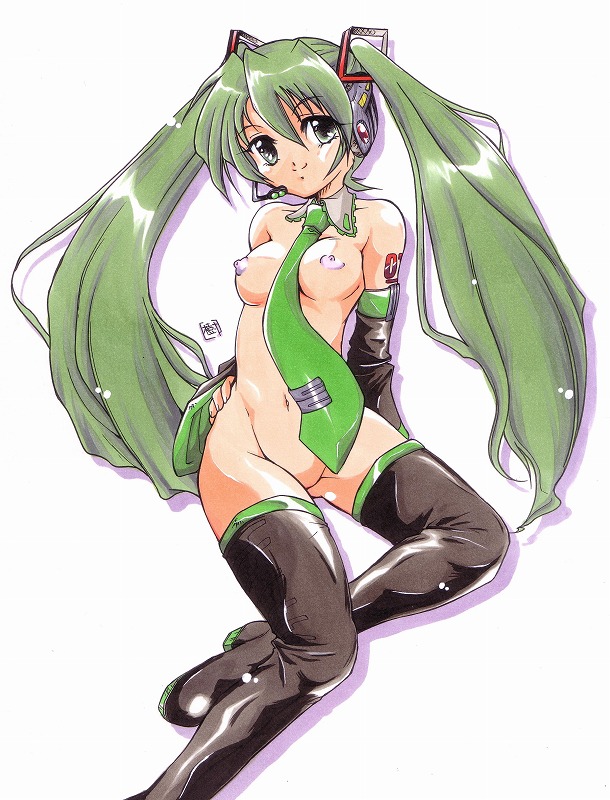 detached_sleeves green_eyes green_hair hatsune_miku headset honoo_teruki legwear long_hair necktie nipples no_pussy novagina nude stockings thighhighs tied_hair traditional_media twintails vocaloid