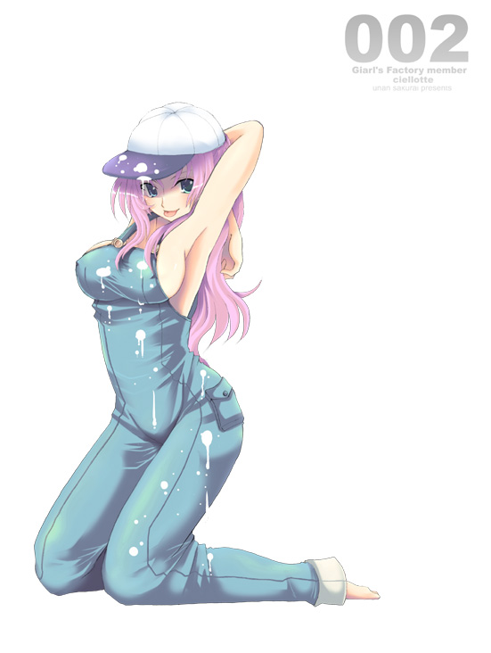 1girls armpits barefoot baseball_cap breasts clothes cum cum_on_clothes cum_on_hat erect_nipples feet female gradient_hair hair hat huge_breasts large_breasts multicolored_hair naked_overalls original overalls paint paint_on_clothes paint_on_hat pink_hair purple_hair sakurai_unan sideboob solo