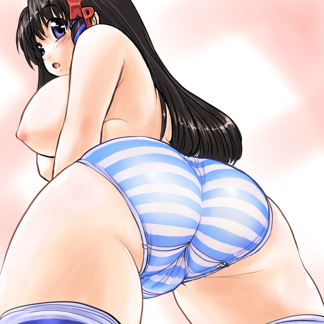 1girls ass black_hair blue_striped_panties blush breasts dd_(artist) female from_below hair huge_ass humanoid long_hair os-tan panties pov pov_ass purple_eyes solo striped striped_legwear striped_panties striped_thighhighs thighhighs topless trefoil underwear view_from_below xp-tan