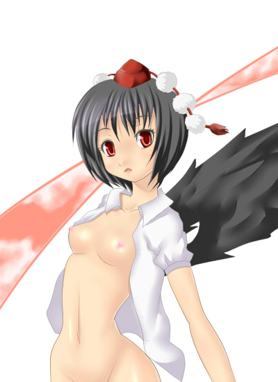 1girls black_hair black_wings breasts female hat kurone nipples nude open_clothes open_shirt shameimaru_aya shirt short_hair solo touhou wings