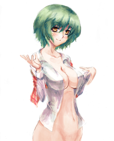 1girls bottomless breasts female green_hair juuka@100neko large_breasts no_bra open_clothes open_shirt plaid plaid_vest shirt short_hair smile solo touhou white_background wide_hips yellow_eyes youkai yuka_kazami