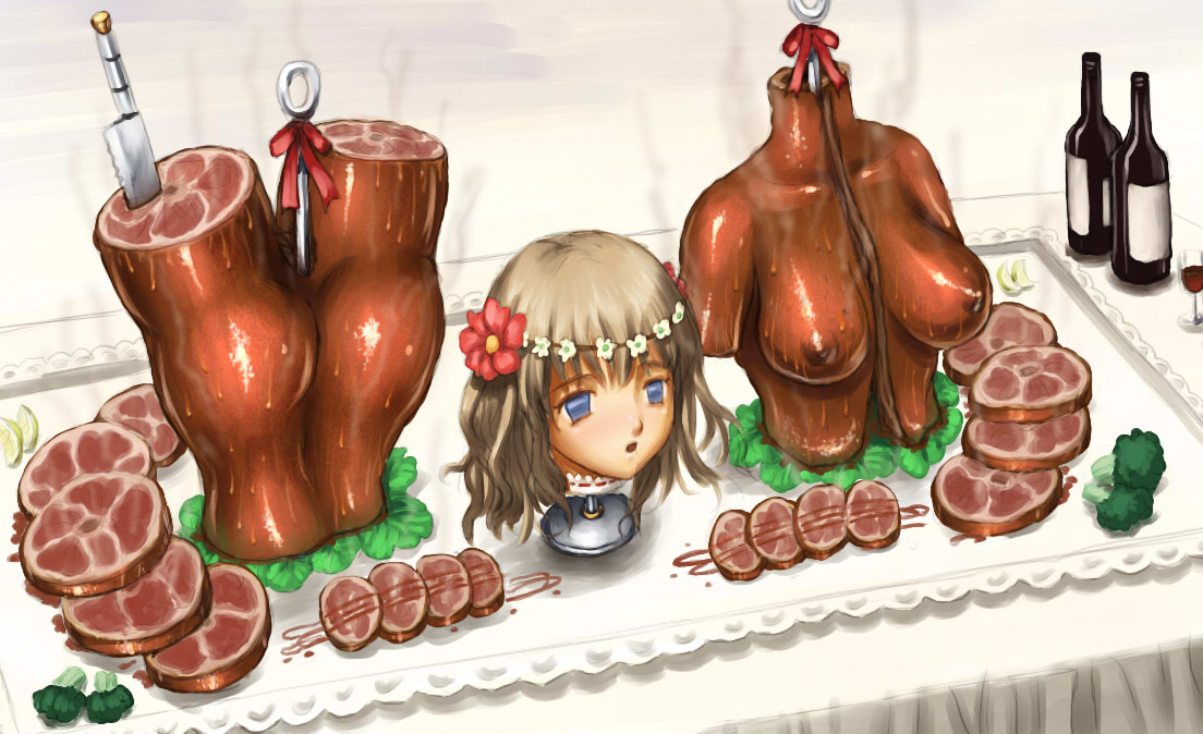 amputee ass beige_skin breasts color cooked cooked_alive cooking_vore death exposed_breasts female female_death female_only gore guro gynophagia head human knife kuroni nudity quadruple_amputee roast roasting severed_head skin solo wine