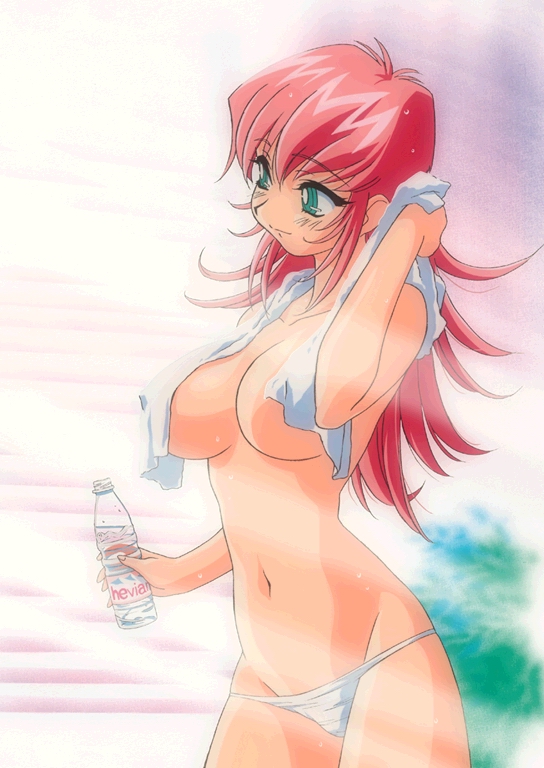 1girls 90s after_shower blush bottle brand_name_imitation breasts cleavage erect_nipples evian_(brand) eyebrows_visible_through_hair female female_only green_eyes holding_bottle indoors kimura_takahiro large_breasts long_hair lowleg lowleg_panties navel nipple_bulge official_art panties pink_hair plant raika_grace smile sogna solo standing sunlight thick_thighs thighs topless towel towel_around_neck underwear viper_(series) viper_f40 water water_bottle wet wet_hair white_panties