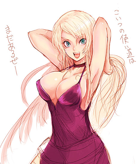 armpits arms_up blonde_hair bonne_jenet breasts cleavage curvy dress fatal_fury garou:_mark_of_the_wolves green_eyes kara_(color) king_of_fighters snk translation_request